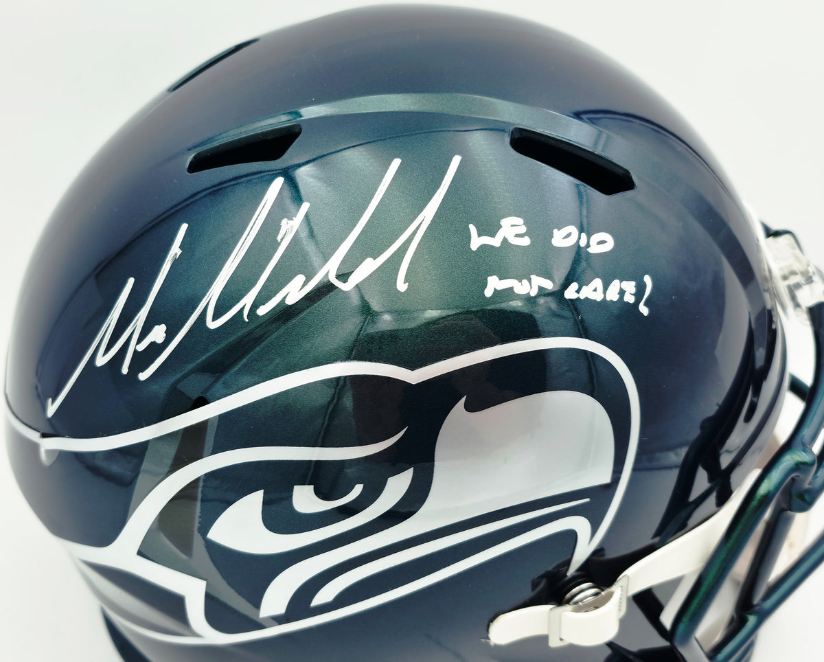 Mike Macdonald Autographed Seattle Seahawks Rivalries Full Size Speed Replica Helmet "We Did Not Care" (Smudged) Beckett BAS Witness #4W801946