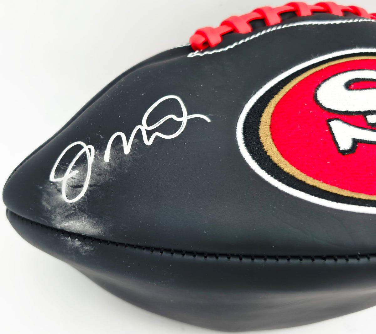 Joe Montana Autographed Official Rawlings Black Football San Francisco 49ers (Flat, Smudged) Beckett BAS #WA82175