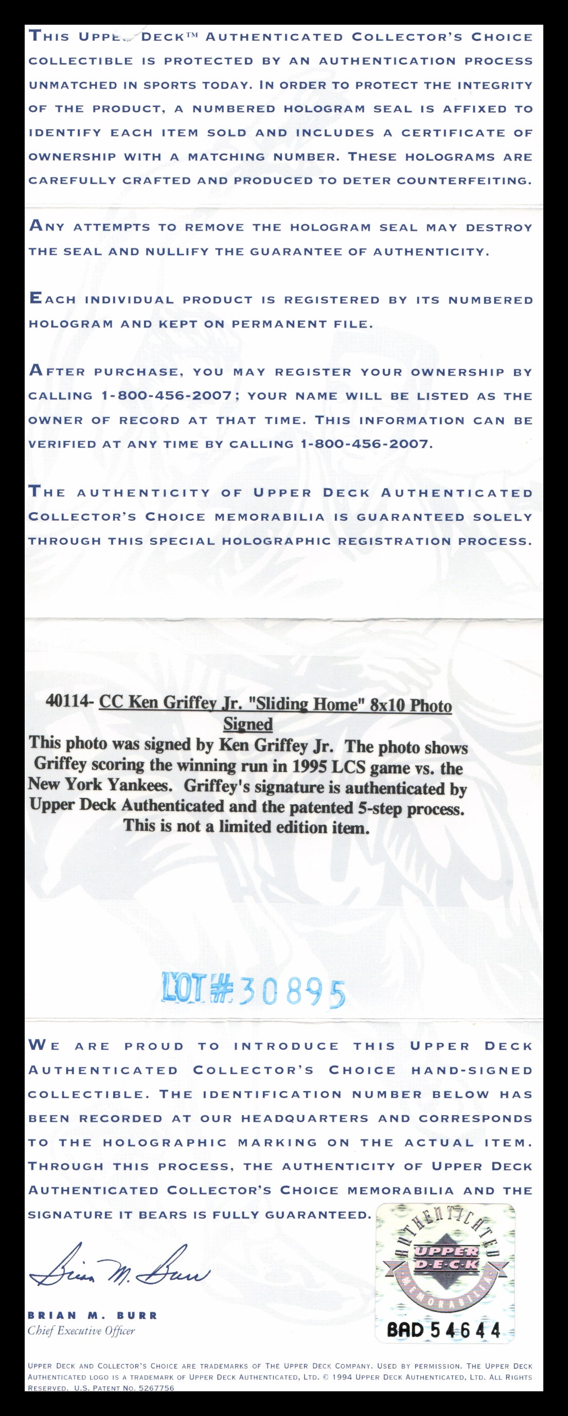 Ken Griffey Jr. Autographed 8x10 Photo Seattle Mariners The Slide UDA Holo #BAD54644