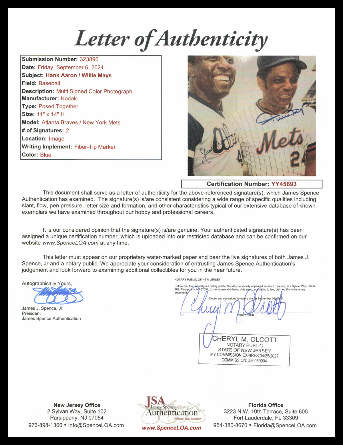 Willie Mays & Hank Aaron Autographed Framed 11x14 Photo JSA #YY45693