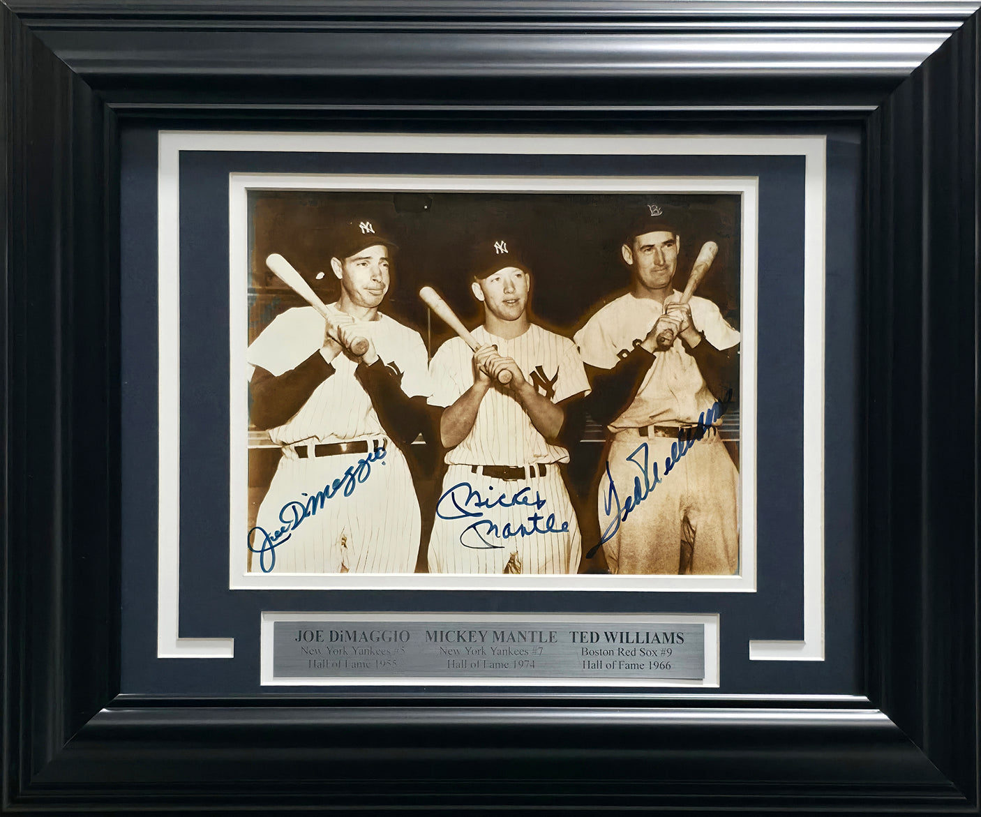 Mickey Mantle, Joe DiMaggio & Ted Williams Autographed Framed 8x10 Photo Beckett BAS #AE34179