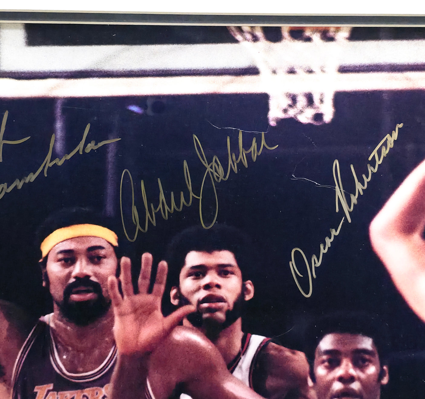Wilt Chamberlain, Kareem Abdul-Jabbar & Oscar Robertson Autographed Framed 16x20 Photo Auto Grade Gem Mint 10 Beckett BAS #AE16662