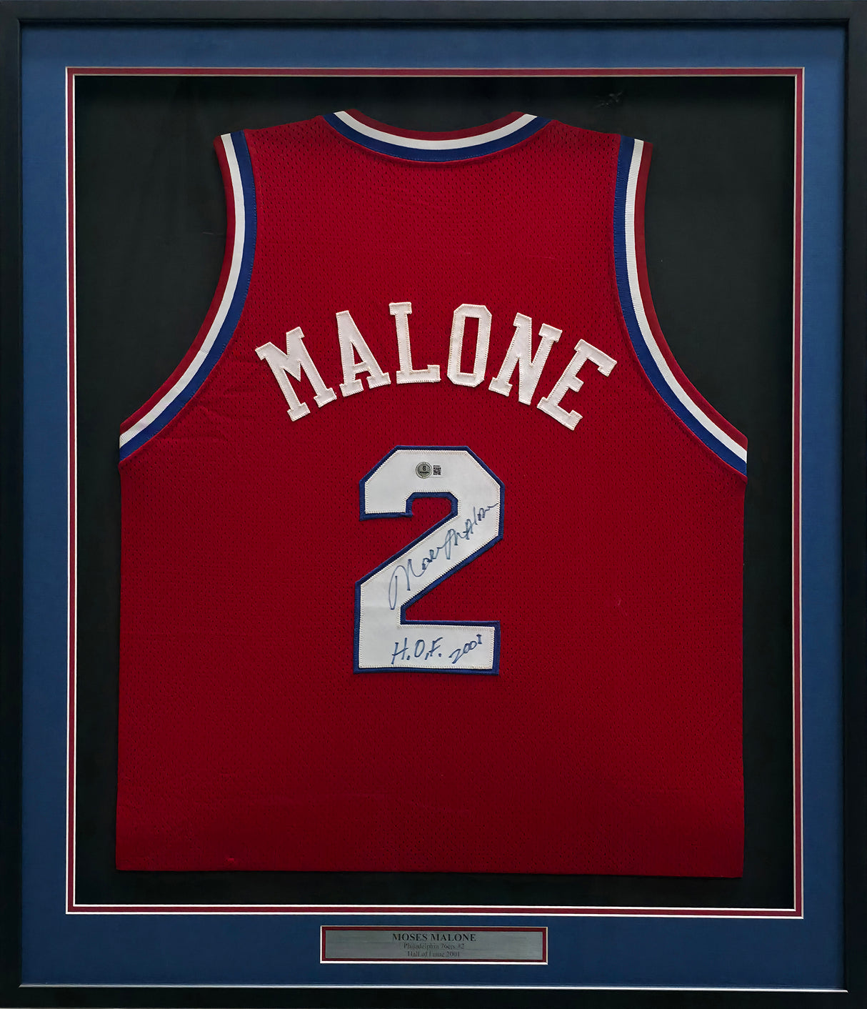 Philadelphia 76ers Moses Malone Autographed Framed Red Jersey "HOF 2001" Beckett BAS QR #BS30061