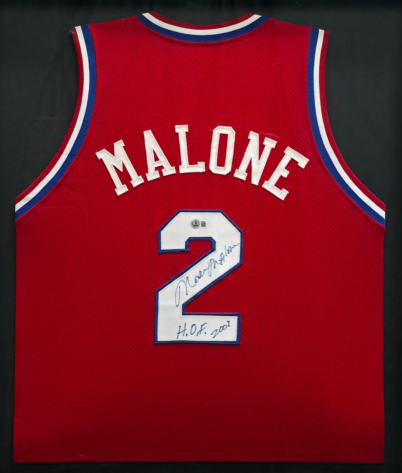 Philadelphia 76ers Moses Malone Autographed Framed Red Jersey "HOF 2001" Beckett BAS QR #BS30061