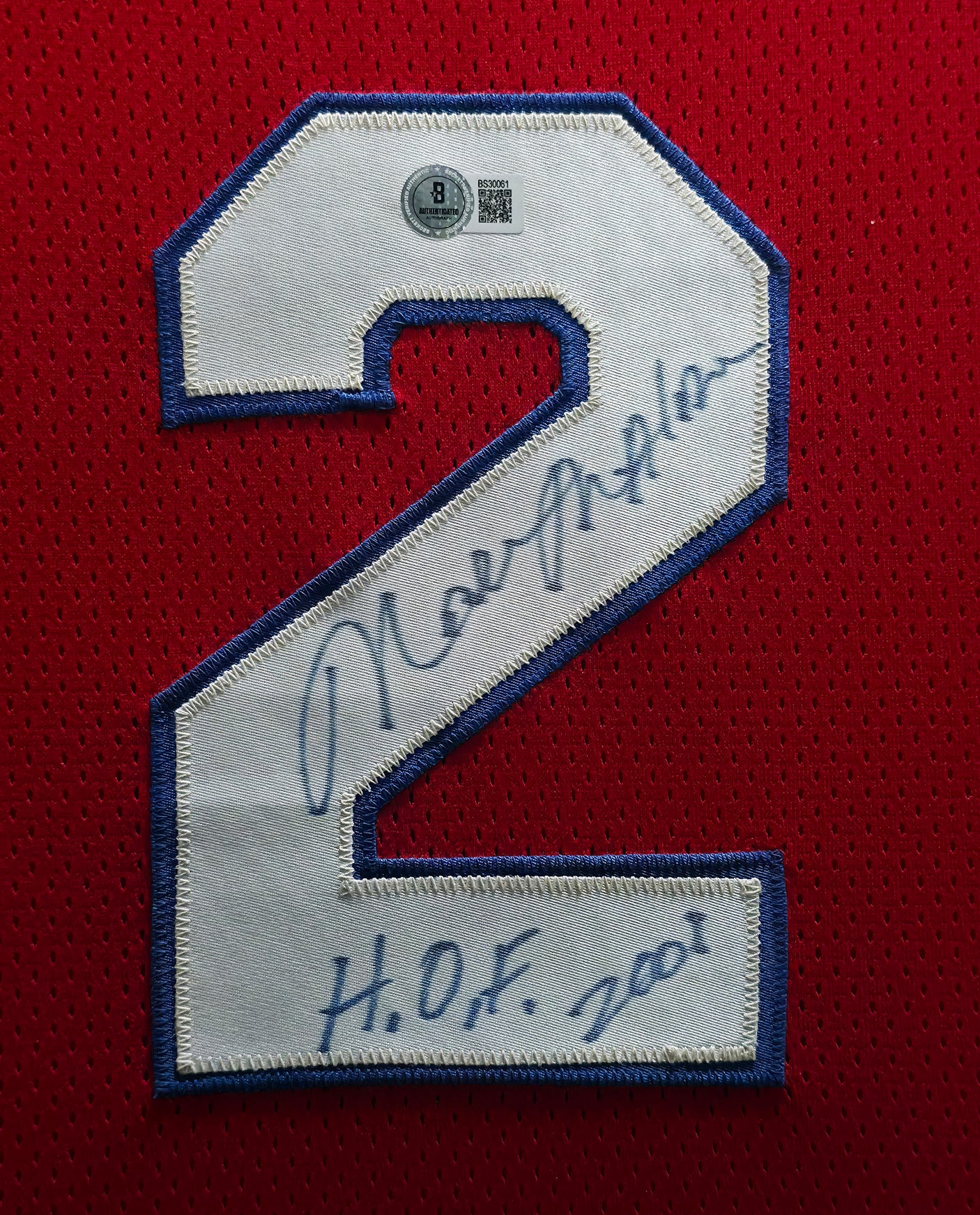 Philadelphia 76ers Moses Malone Autographed Framed Red Jersey "HOF 2001" Beckett BAS QR #BS30061