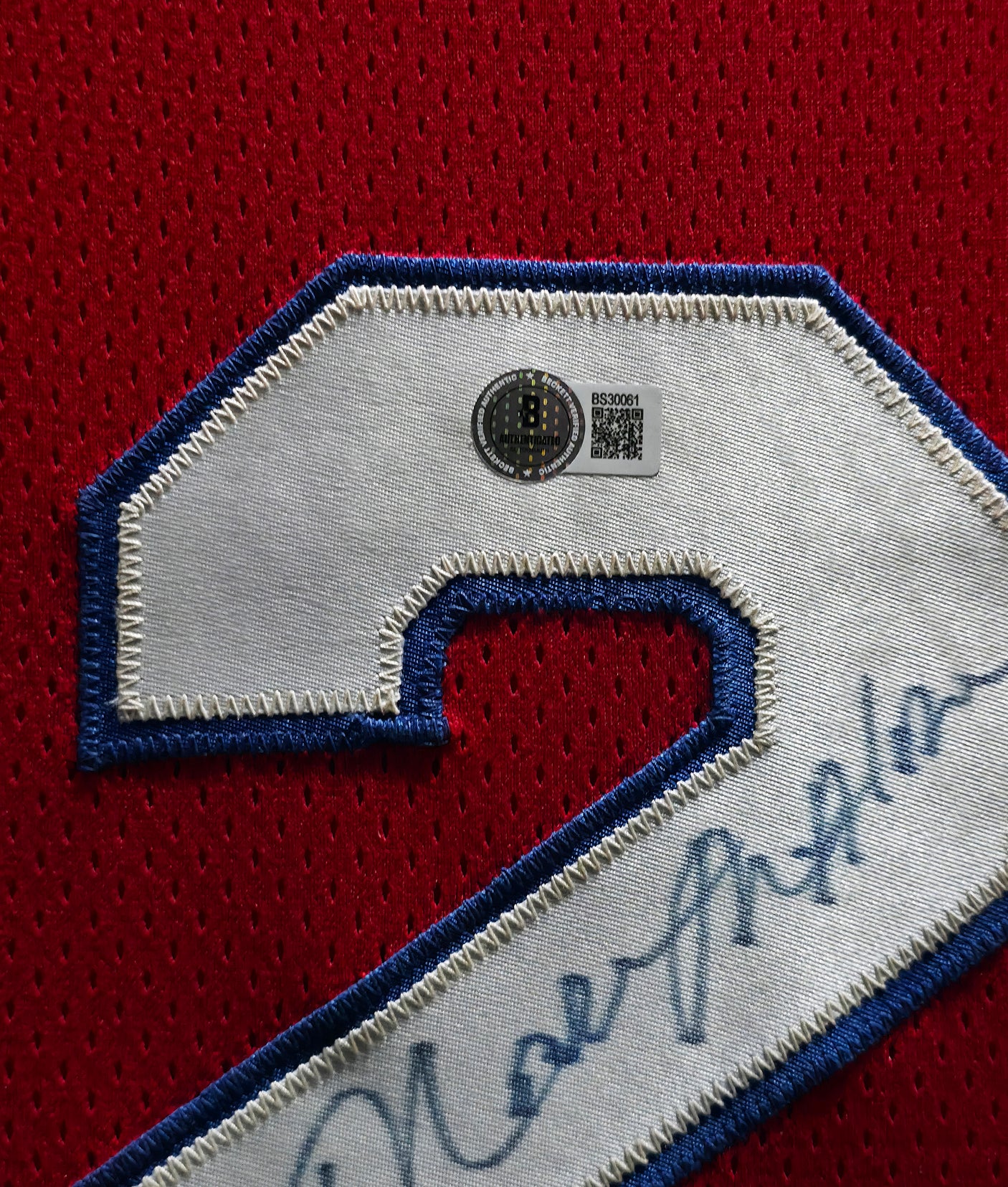 Philadelphia 76ers Moses Malone Autographed Framed Red Jersey "HOF 2001" Beckett BAS QR #BS30061