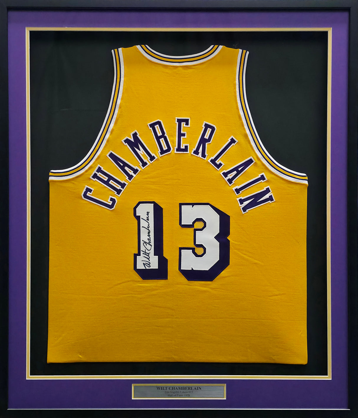 Los Angeles Lakers Wilt Chamberlain Autographed Framed Gold Jersey JSA #ZZ42005