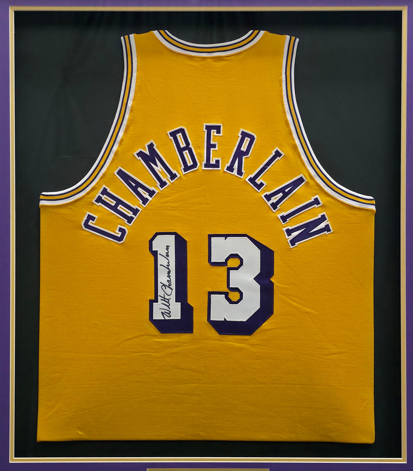 Los Angeles Lakers Wilt Chamberlain Autographed Framed Gold Jersey JSA #ZZ42005