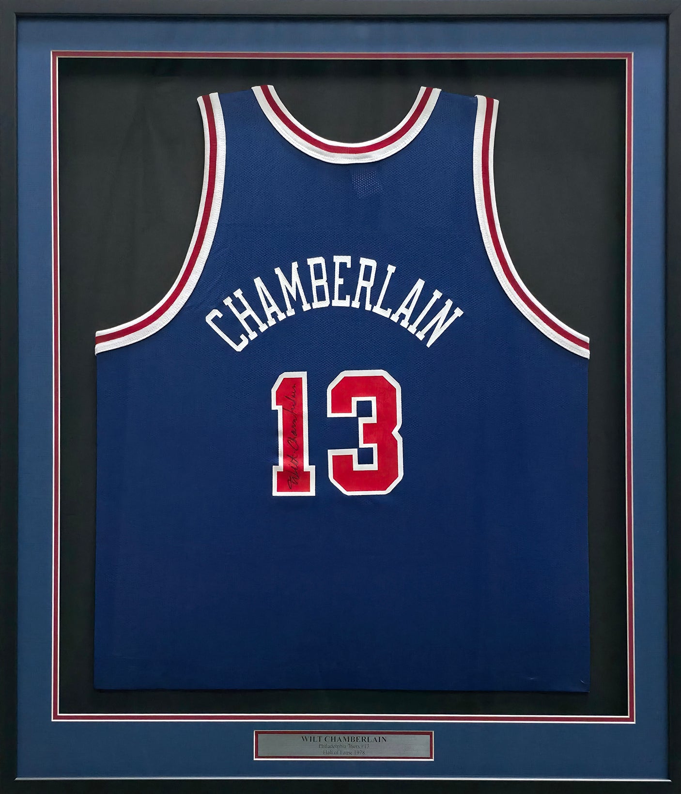 Philadelphia 76ers Wilt Chamberlain Autographed Framed Blue Jersey JSA #ZZ13989