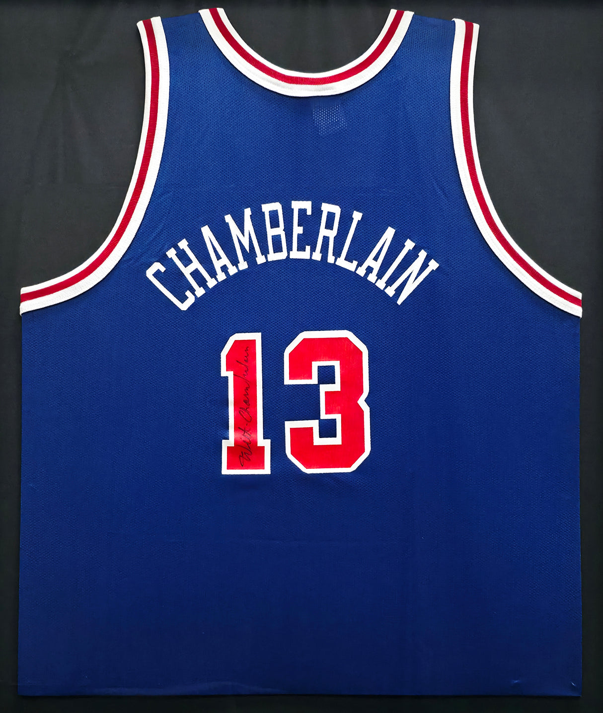 Philadelphia 76ers Wilt Chamberlain Autographed Framed Blue Jersey JSA #ZZ13989