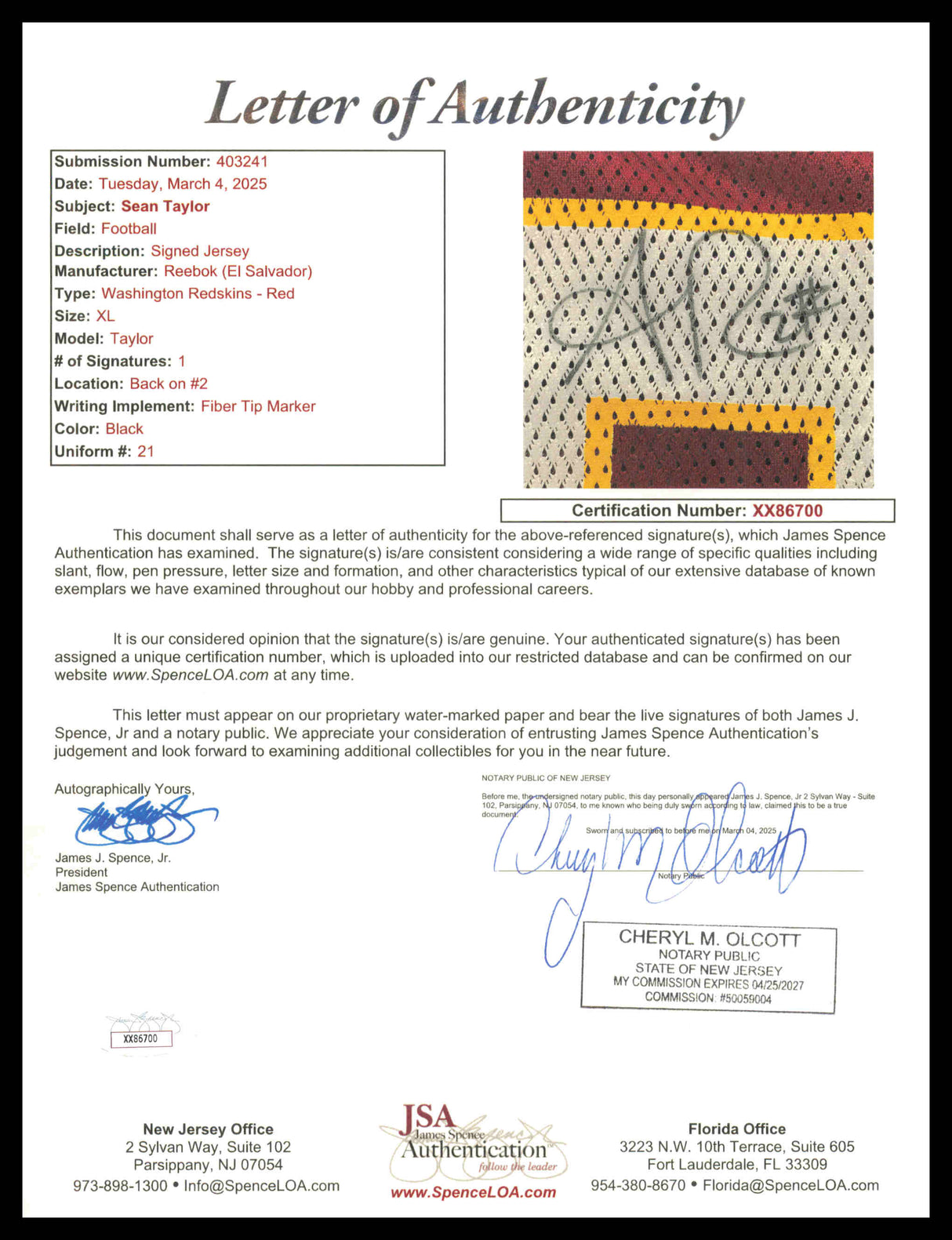 Washington Redskins Sean Taylor Autographed Framed Maroon Reebok Jersey JSA #XX86700