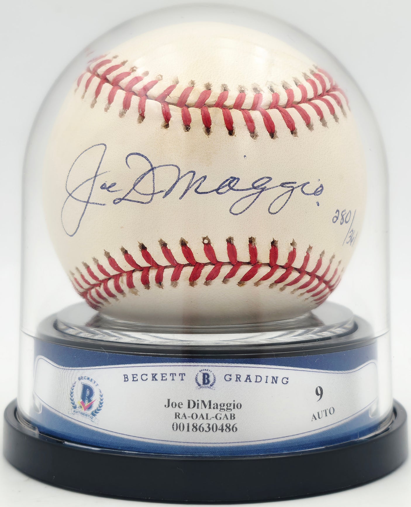 Joe DiMaggio Autographed Official AL Baseball New York Yankees Auto Grade Mint 9 #280/361 Beckett BAS #18630486