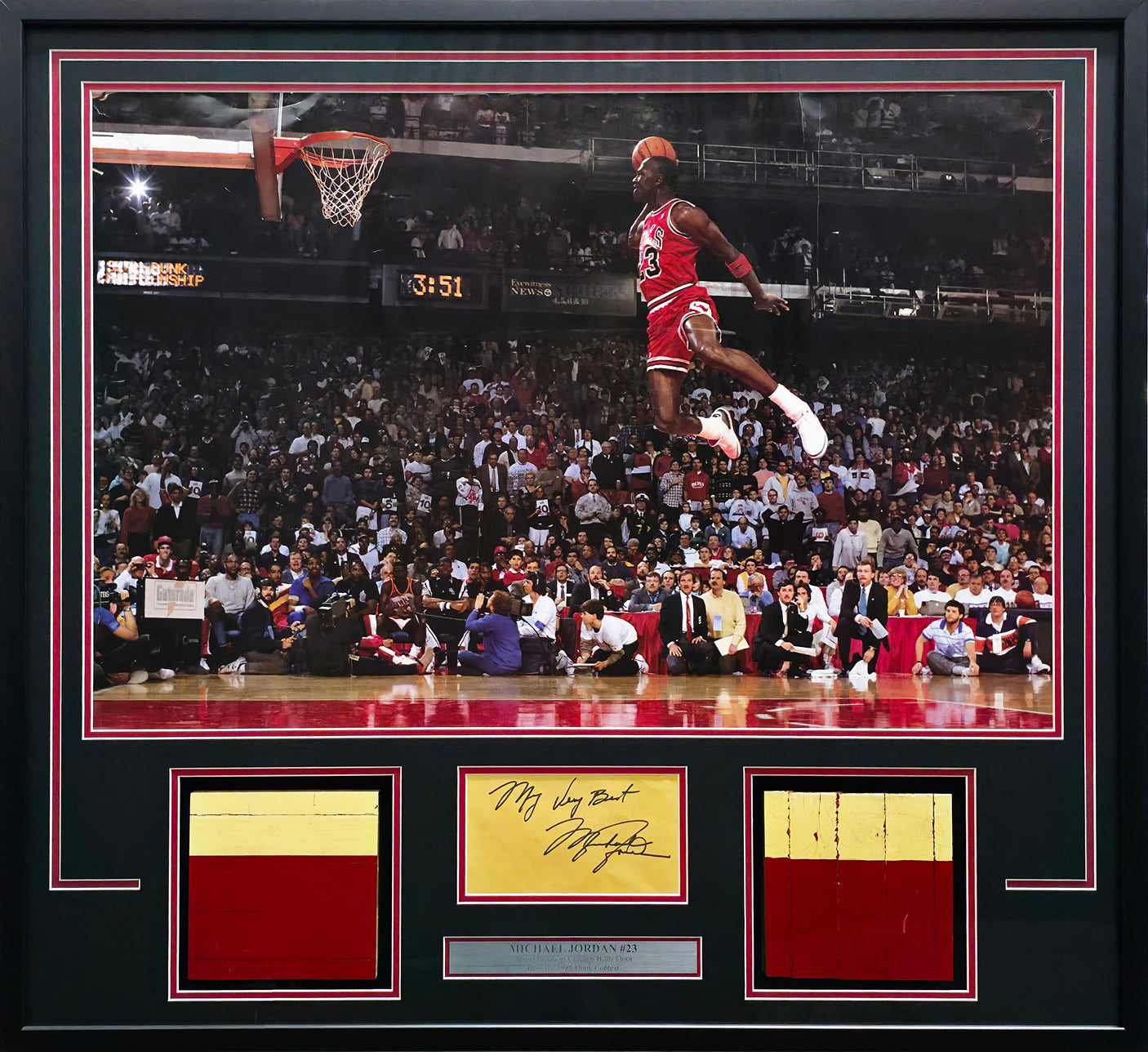 Michael Jordan Autographed Framed Cut Signature Collage With Game Used Floor Pieces & Poster Chicago Bulls "My Very Best" Beckett BAS #AE49191