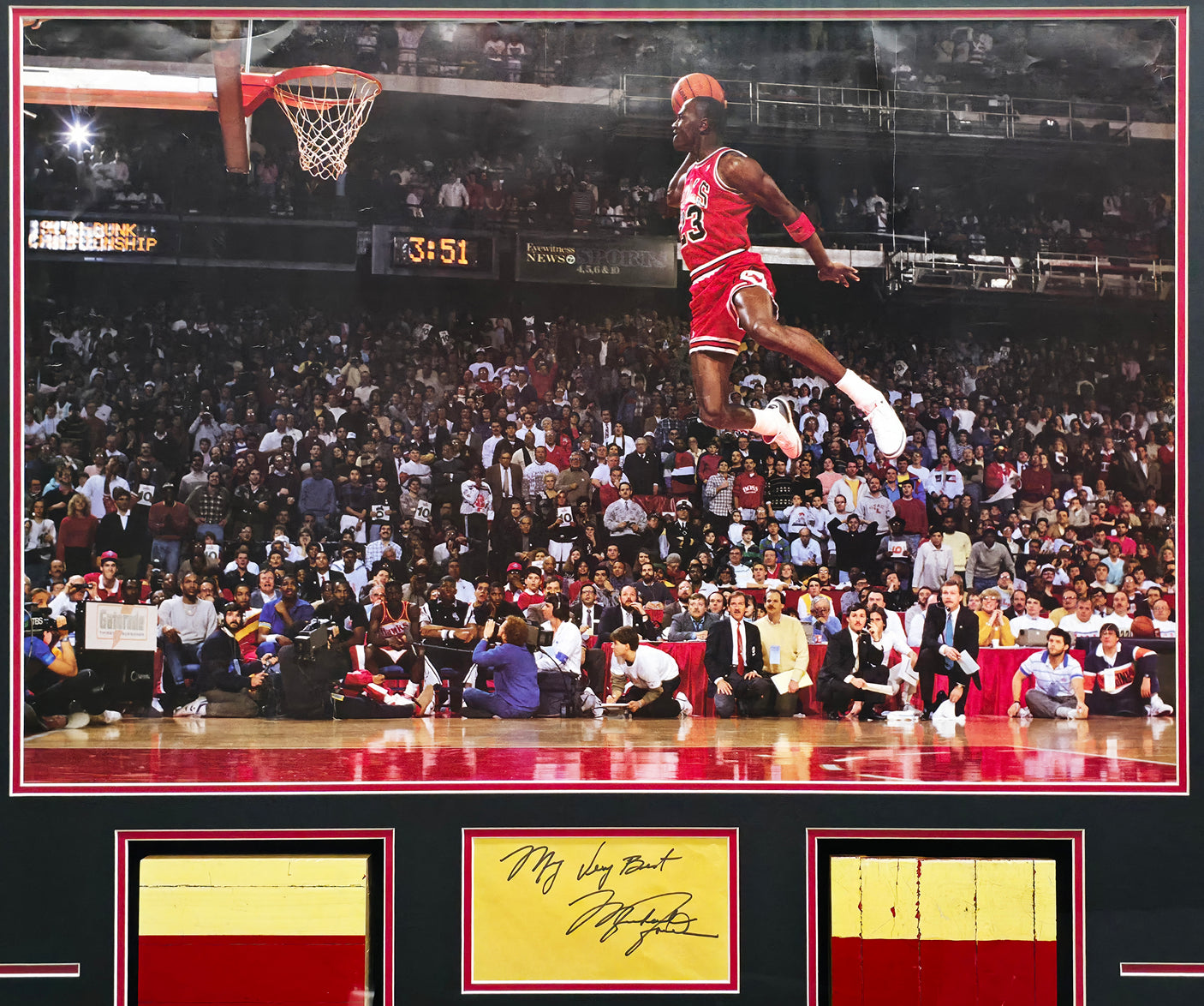 Michael Jordan Autographed Framed Cut Signature Collage With Game Used Floor Pieces & Poster Chicago Bulls "My Very Best" Beckett BAS #AE49191