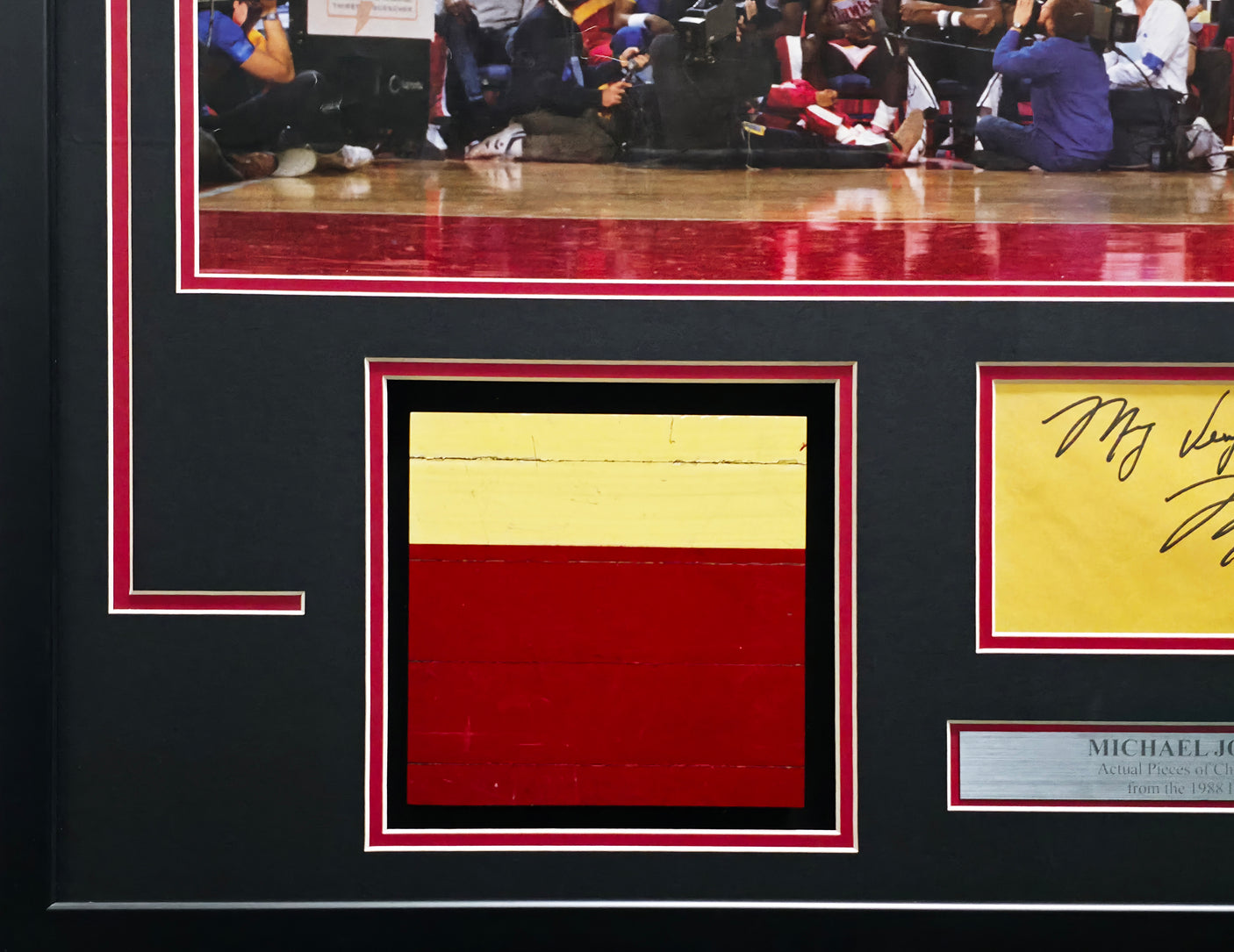 Michael Jordan Autographed Framed Cut Signature Collage With Game Used Floor Pieces & Poster Chicago Bulls "My Very Best" Beckett BAS #AE49191