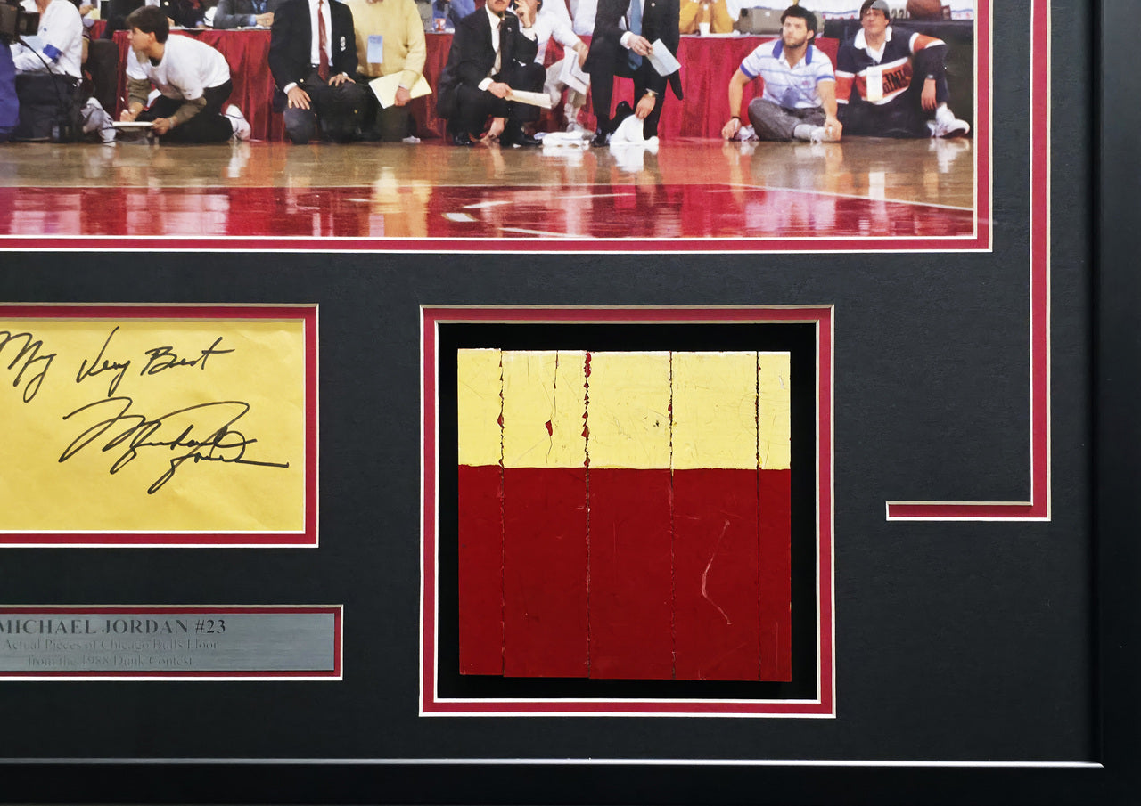 Michael Jordan Autographed Framed Cut Signature Collage With Game Used Floor Pieces & Poster Chicago Bulls "My Very Best" Beckett BAS #AE49191