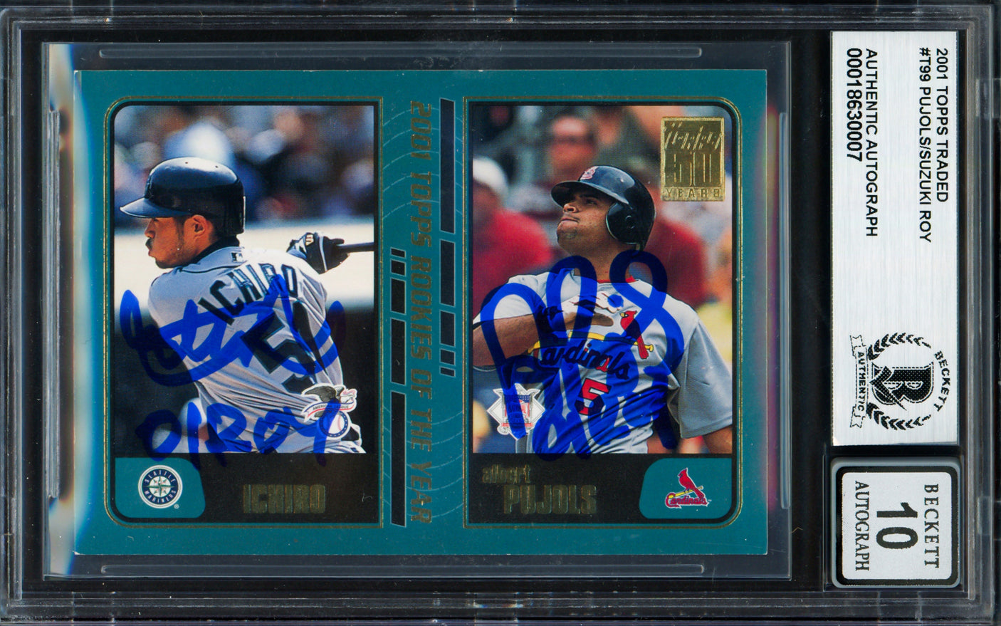 Albert Pujols & Ichiro Suzuki Autographed 2001 Topps Traded Rookie Card #T99 Auto Grade Gem Mint 10 "01 ROY" Beckett BAS #18630007