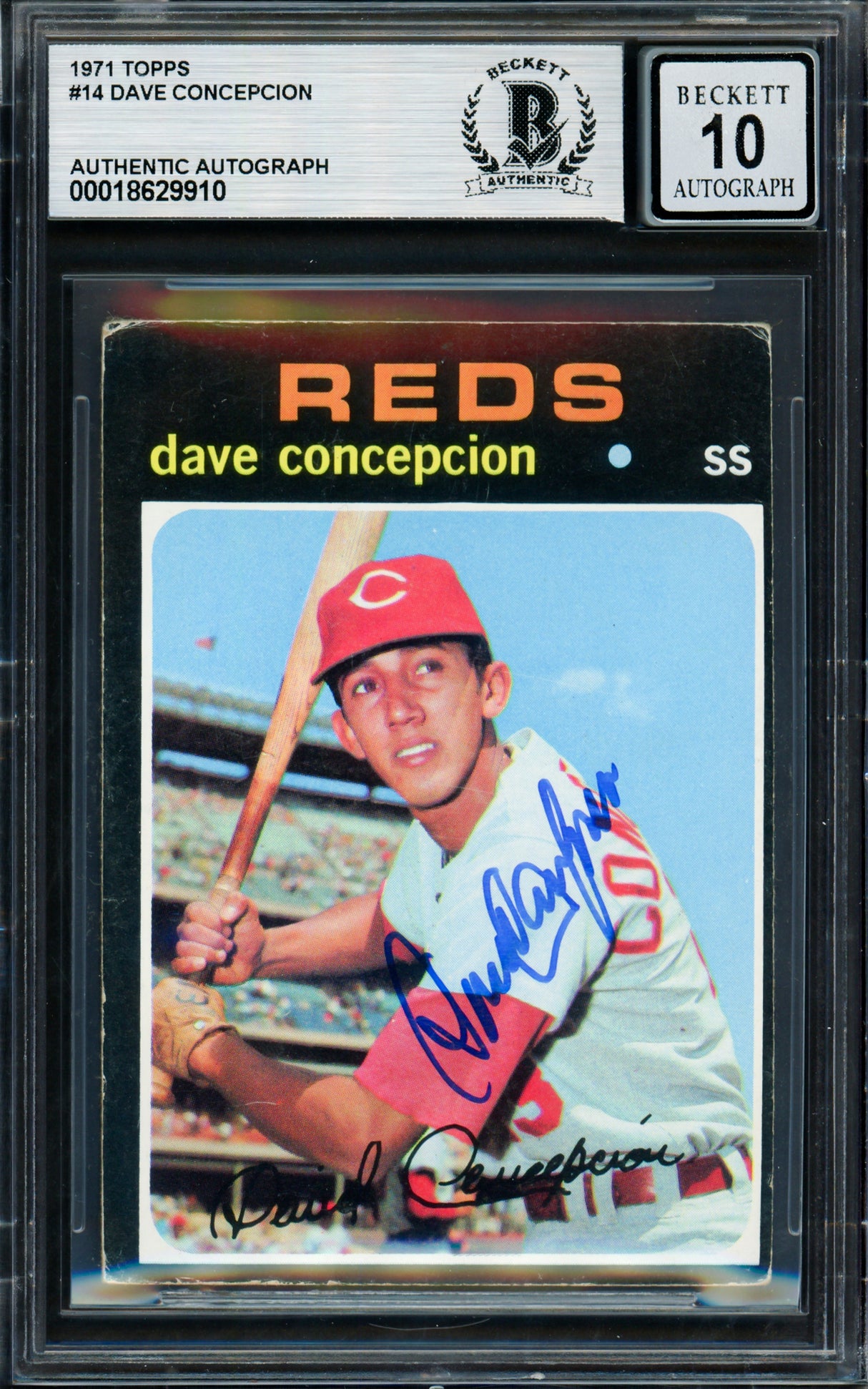 Dave Concepcion Autographed 1971 Topps Rookie Card #14 Cincinnati Reds Auto Grade Gem Mint 10 Beckett BAS #18629910