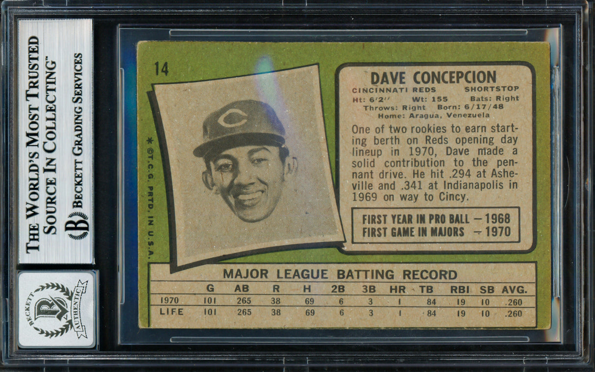 Dave Concepcion Autographed 1971 Topps Rookie Card #14 Cincinnati Reds Auto Grade Gem Mint 10 Beckett BAS #18629910