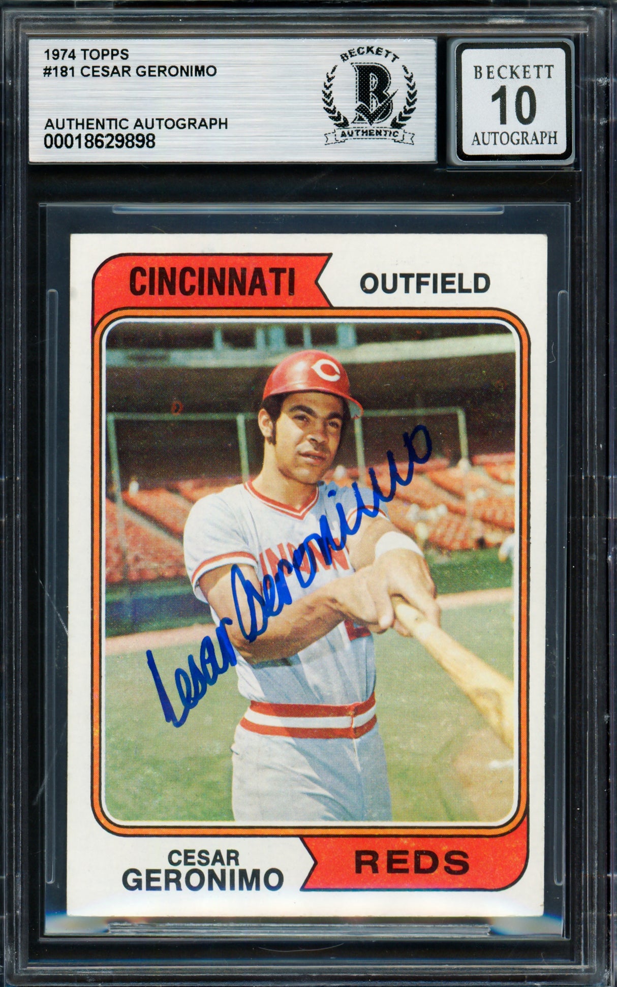 Cesar Geronimo Autographed 1974 Topps Card #181 Cincinnati Reds Auto Grade Gem Mint 10 Beckett BAS #18629898
