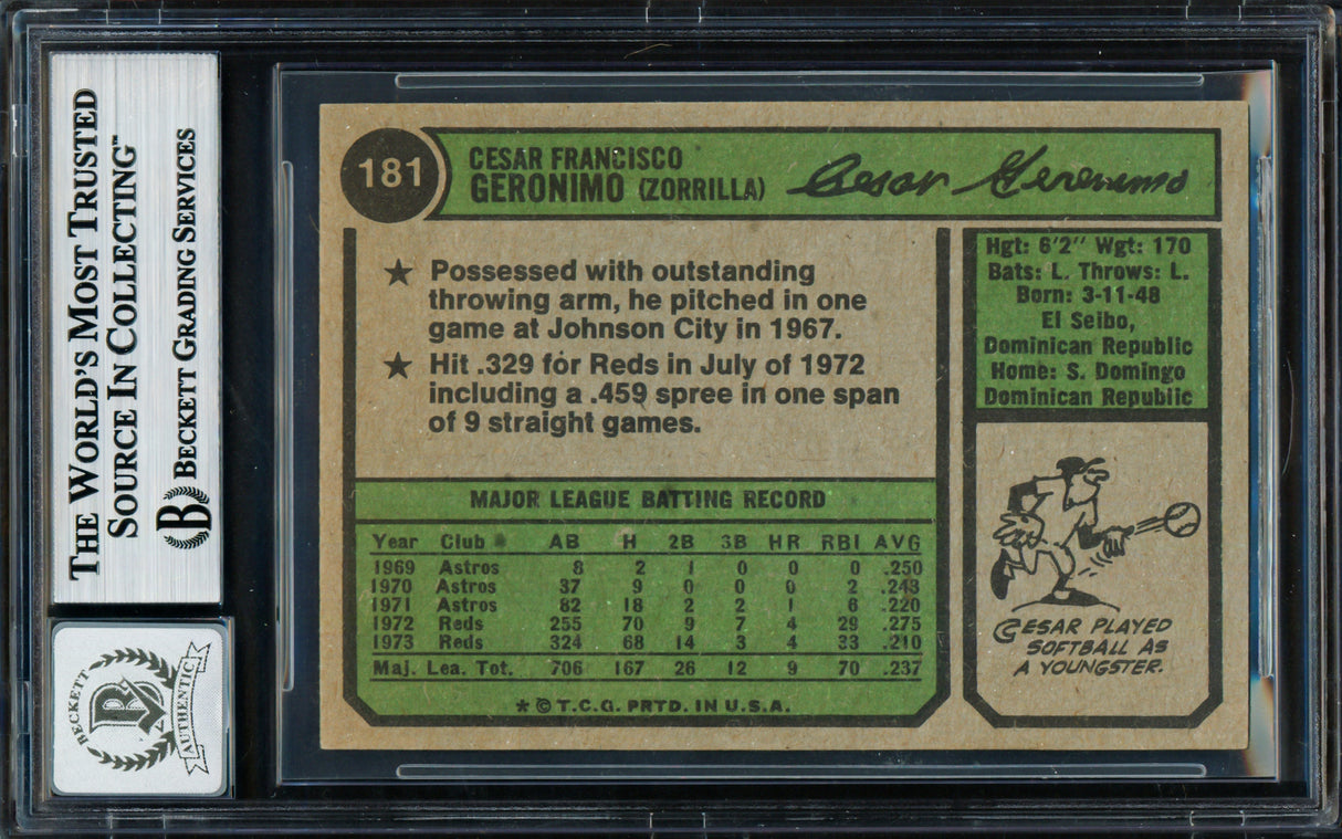Cesar Geronimo Autographed 1974 Topps Card #181 Cincinnati Reds Auto Grade Gem Mint 10 Beckett BAS #18629898