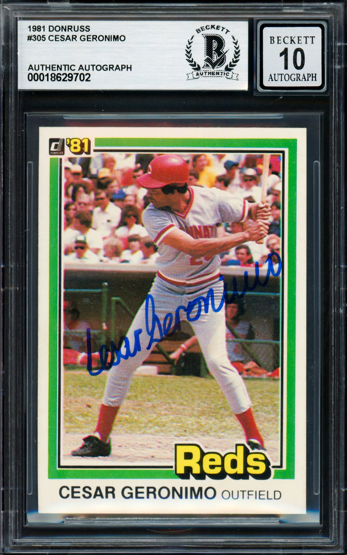 Cesar Geronimo Autographed 1981 Donruss Card #305 Cincinnati Reds Auto Grade Gem Mint 10 Beckett BAS #18629702