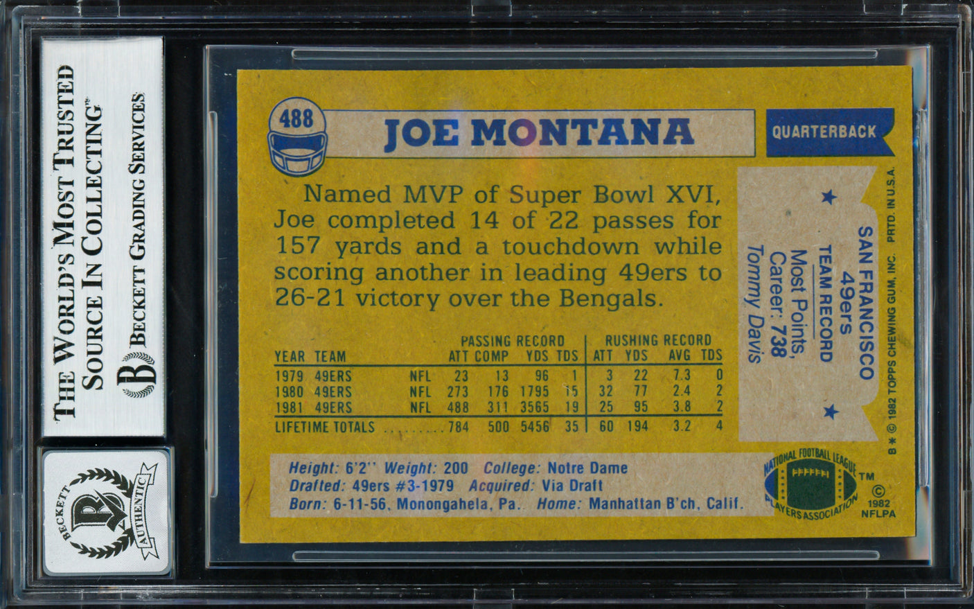 Joe Montana Autographed 1982 Topps Card #488 San Francisco 49ers Auto Grade Gem Mint 10 Beckett BAS #18629868