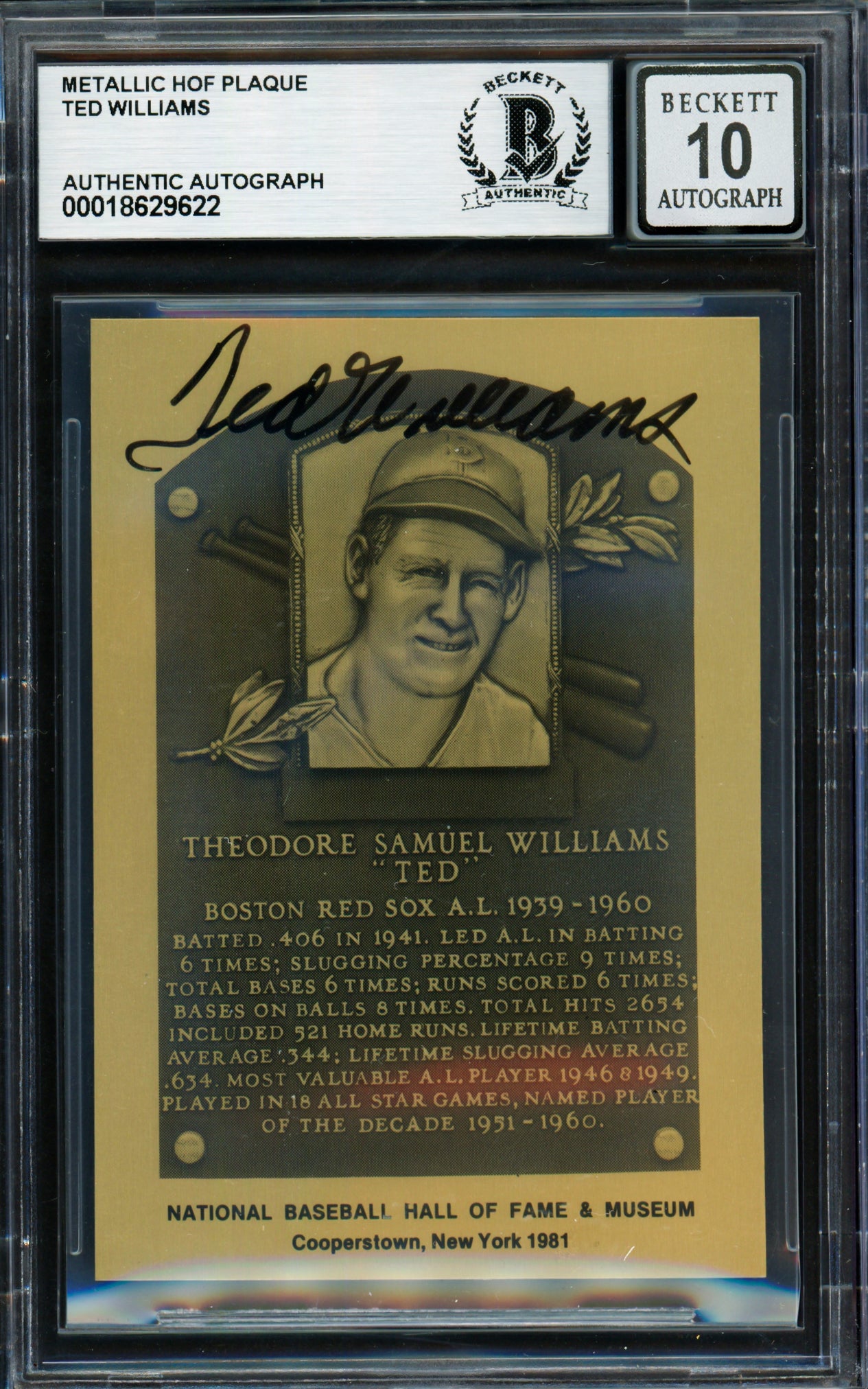 Ted Williams Autographed 1981-89 Hall of Fame HOF Metal Plaque Card Boston Red Sox Auto Grade Gem Mint 10 Beckett BAS #18629622