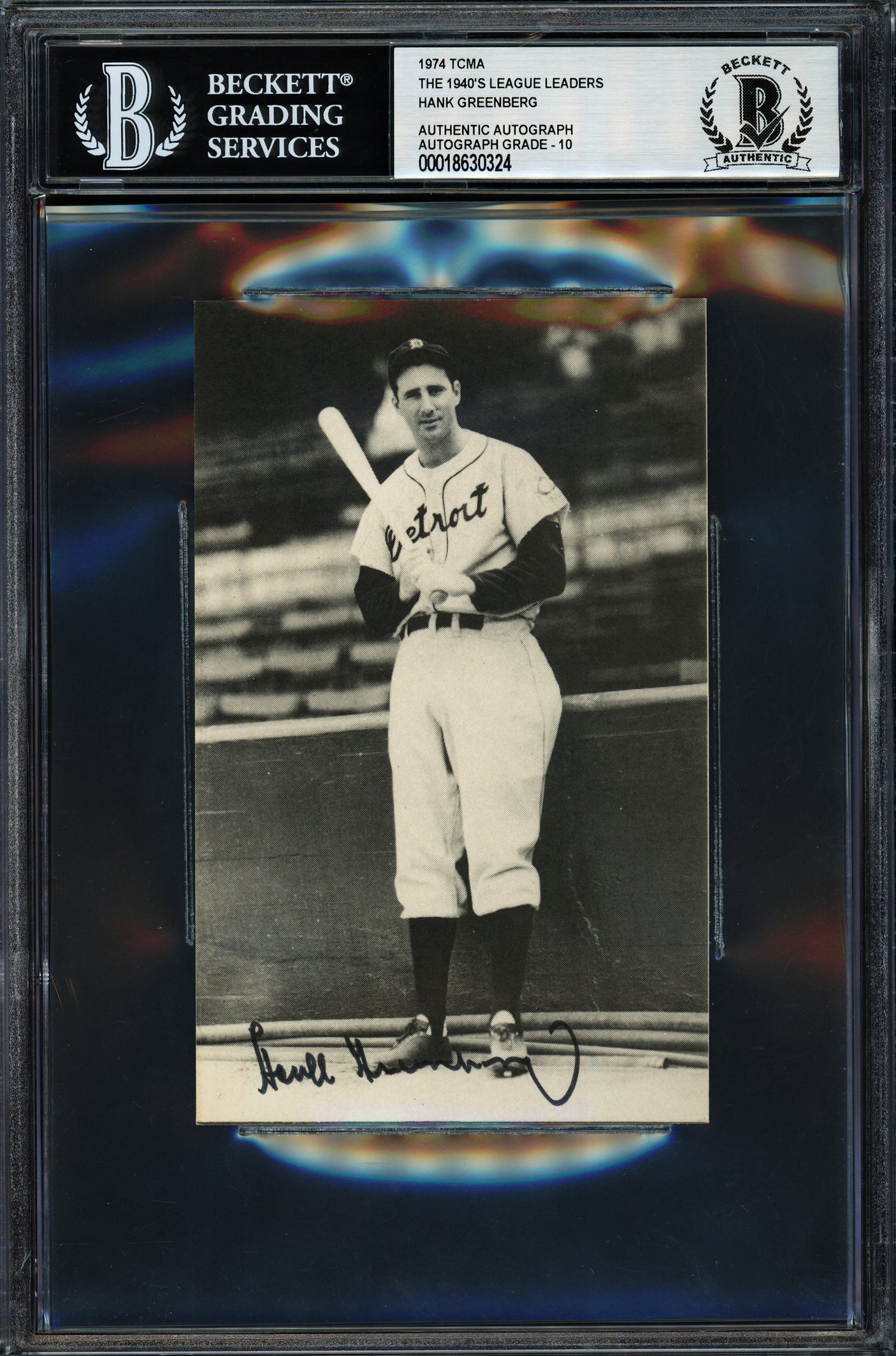 Hank Greenberg Autographed 1974 TCMA 3.5x5.5 Card Detroit Tigers Auto Grade Gem Mint 10 Beckett BAS #18630324