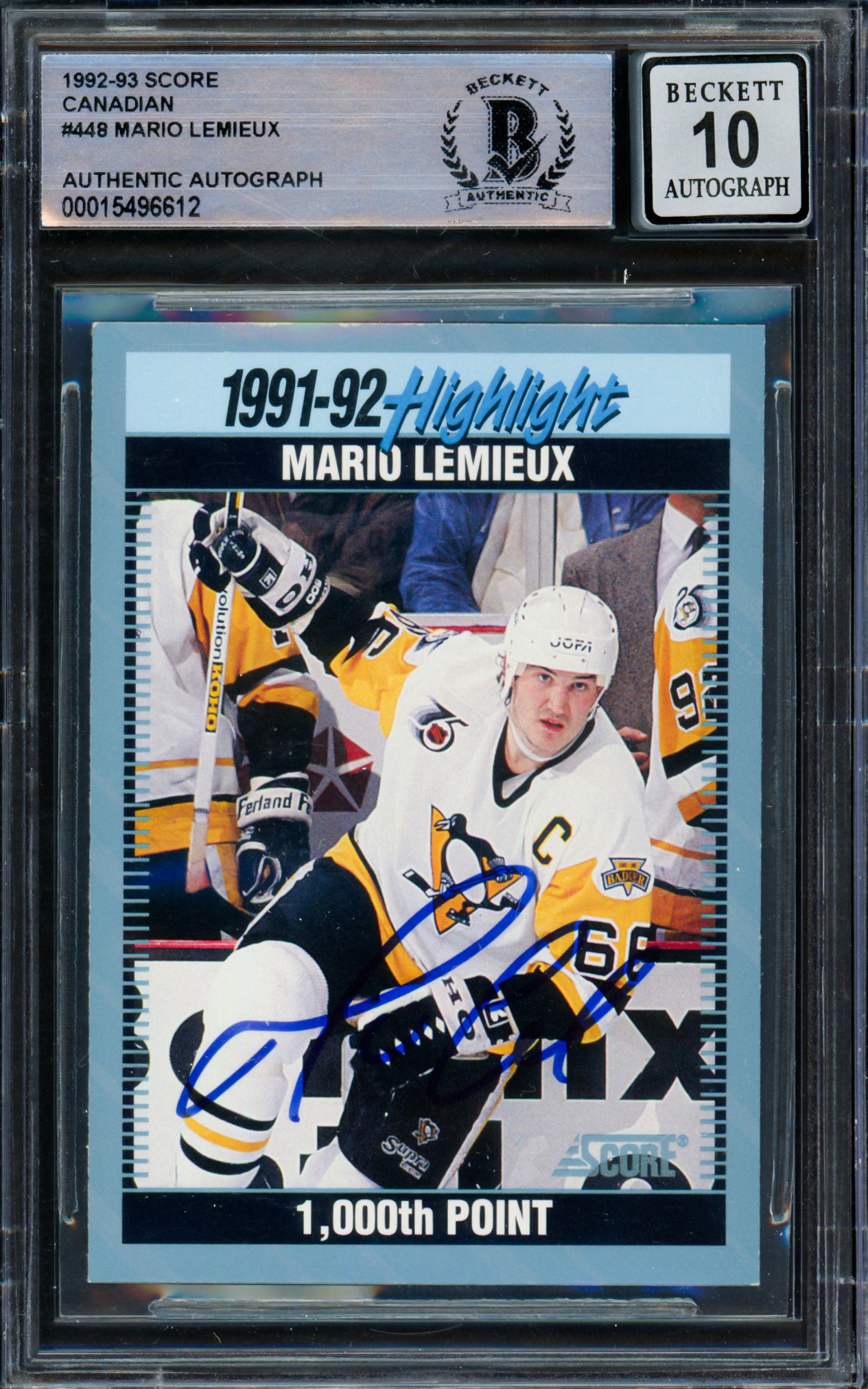 Mario Lemieux Autographed 1992-93 Score Canadian Card #448 Pittsburgh Penguins Auto Grade Gem Mint 10 Beckett BAS #15496612