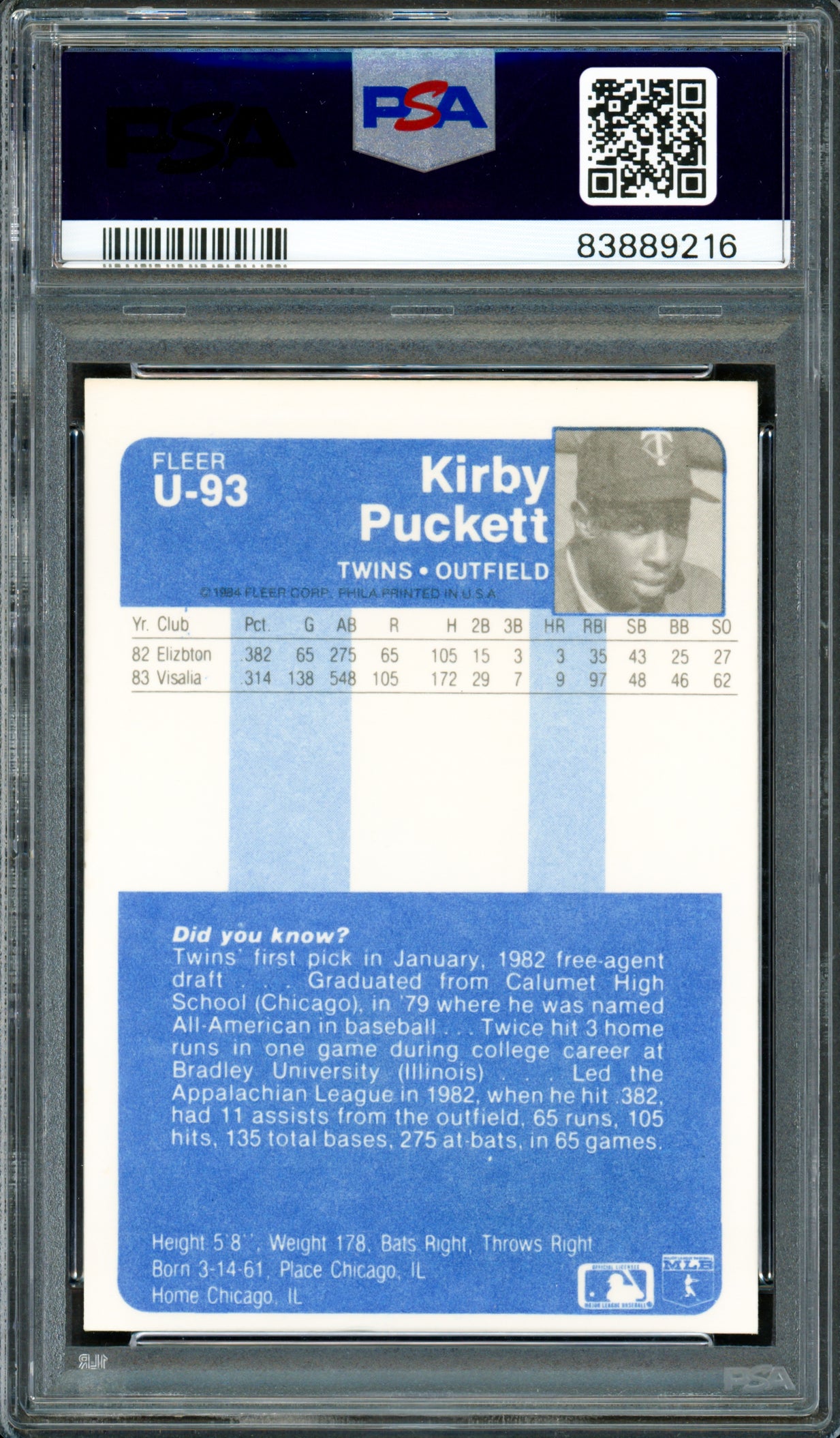 Kirby Puckett Autographed 1984 Fleer Update Rookie Card #U-93 Minnesota Twins Auto Grade Mint 9 PSA/DNA #83889216