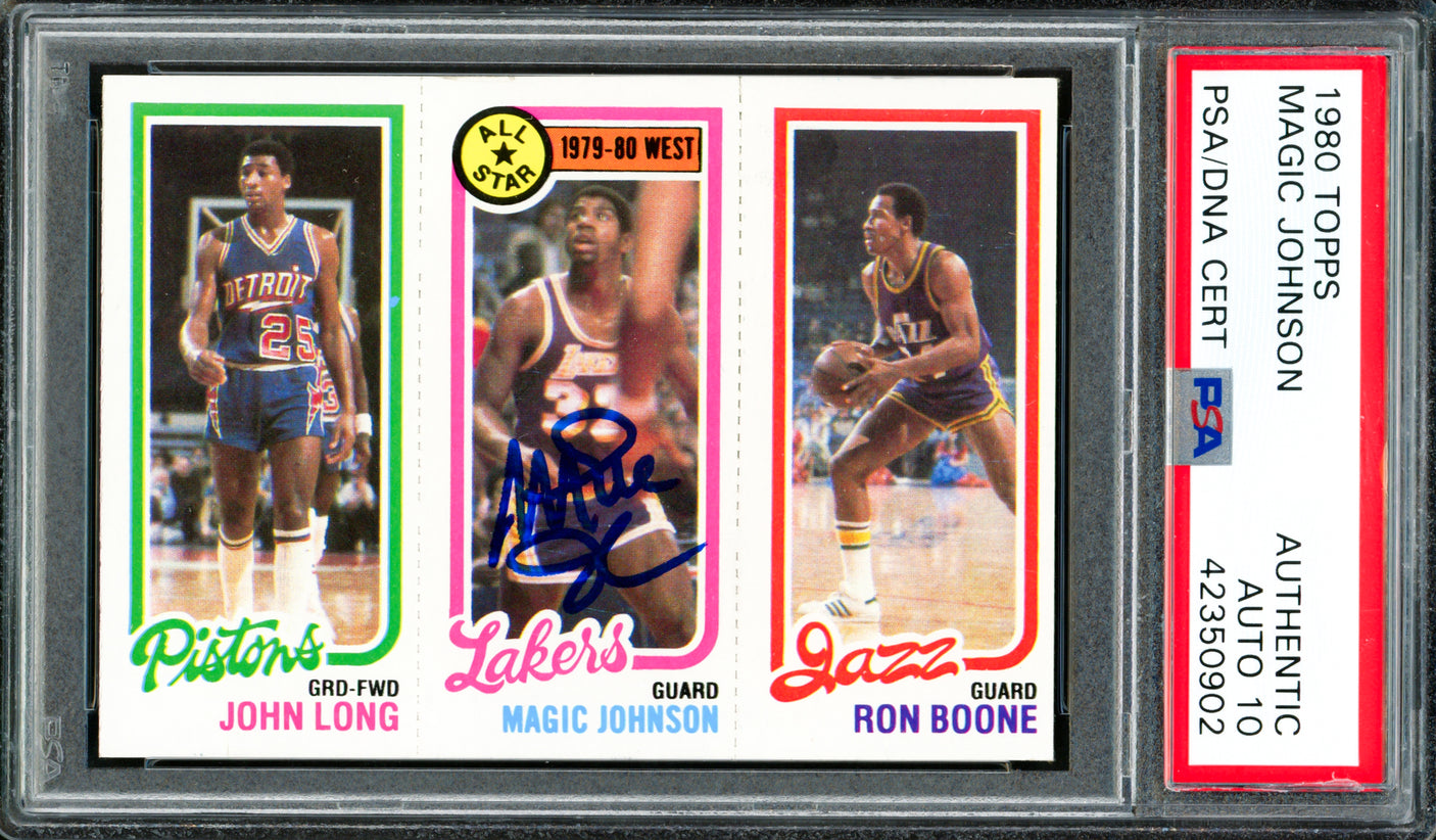 Magic Johnson Autographed 1980-81 Topps Rookie Card #18 Los Angeles Lakers Auto Grade Gem Mint 10 PSA/DNA #42350902