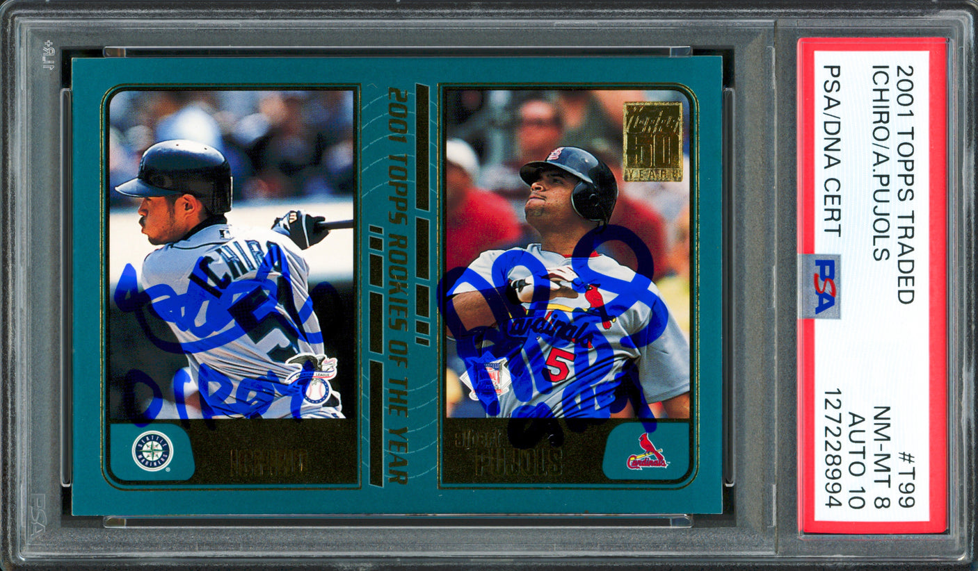 Albert Pujols & Ichiro Suzuki Autographed 2001 Topps Traded Rookie Card #T99 PSA 8 Auto Grade Gem Mint 10 "01 ROY" PSA/DNA #127228994
