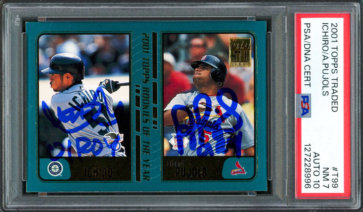 Albert Pujols & Ichiro Suzuki Autographed 2001 Topps Traded Rookie Card #T99 PSA 7 Auto Grade Gem Mint 10 "01 ROY" PSA/DNA #127228996
