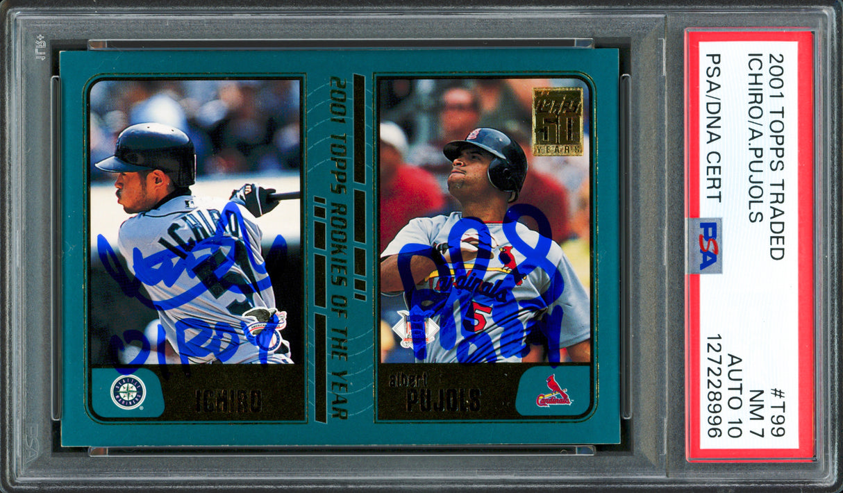 Albert Pujols & Ichiro Suzuki Autographed 2001 Topps Traded Rookie Card #T99 PSA 7 Auto Grade Gem Mint 10 "01 ROY" PSA/DNA #127228996