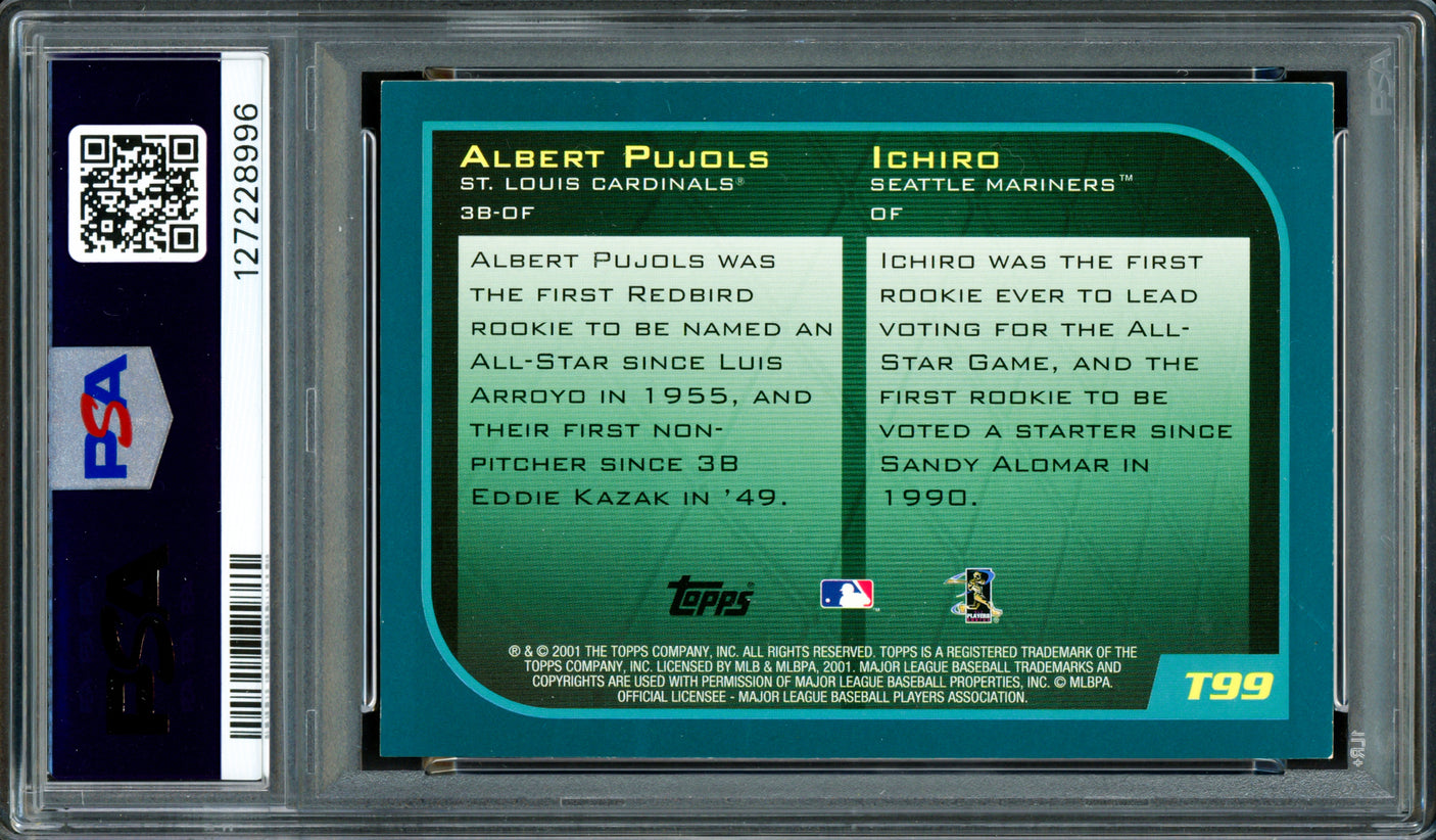 Albert Pujols & Ichiro Suzuki Autographed 2001 Topps Traded Rookie Card #T99 PSA 7 Auto Grade Gem Mint 10 "01 ROY" PSA/DNA #127228996