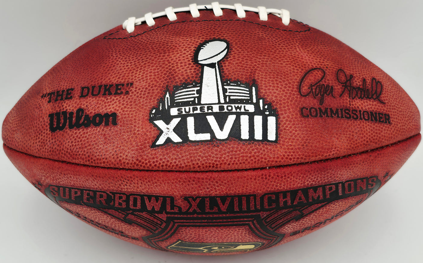 Russell Wilson Autographed Seattle Seahawks Official NFL Leather SB XLVIII Champs Logo Football RW Holo #11508