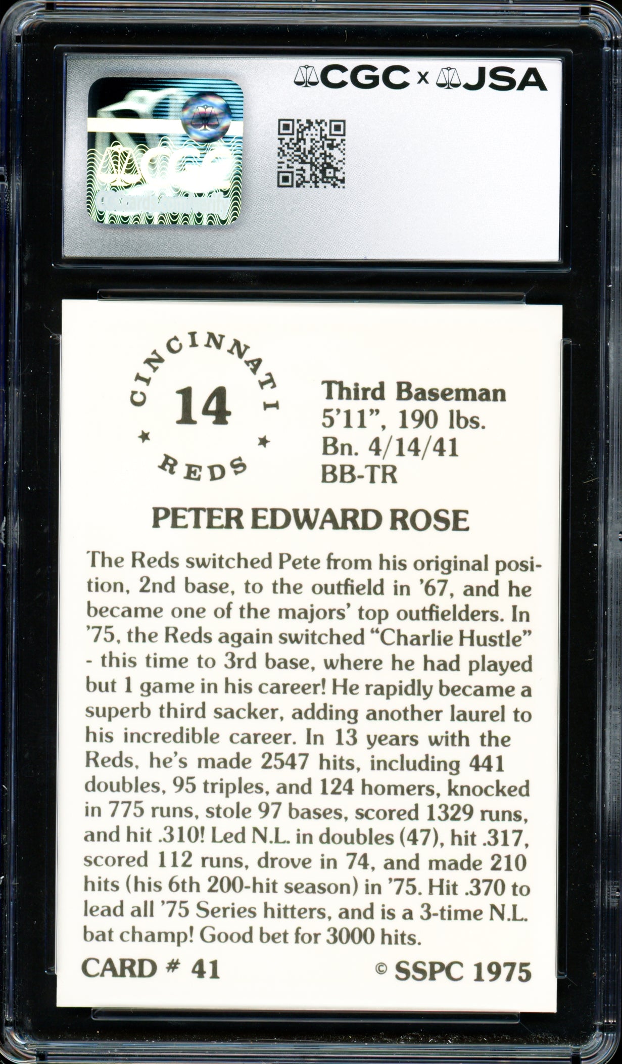 Pete Rose Autographed 1976 SSPC Card #41 Cincinnati Reds Card Grade 10 CGC x JSA #6078174018