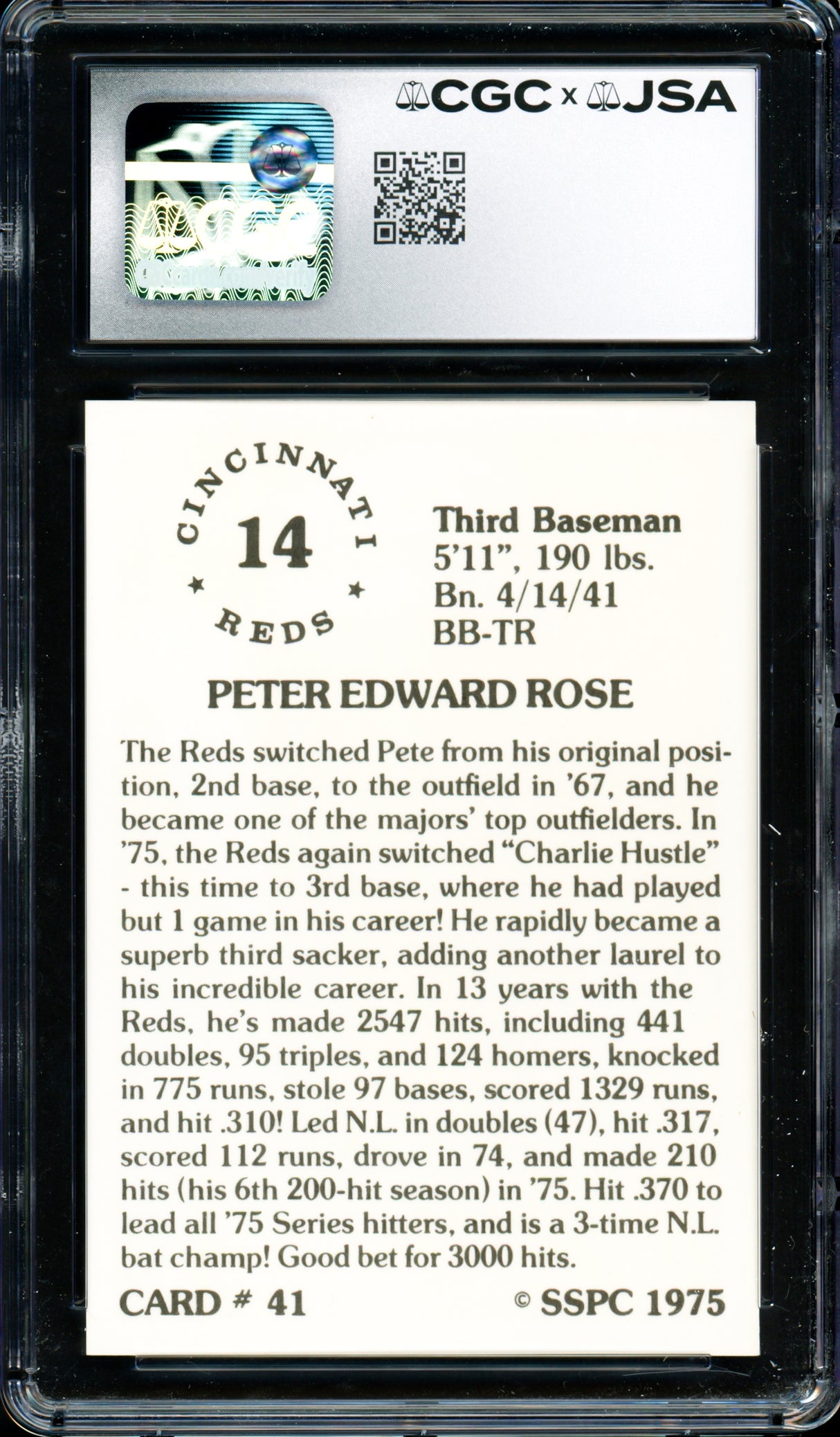 Pete Rose Autographed 1976 SSPC Card #41 Cincinnati Reds Card Grade 10 CGC x JSA #6078174017