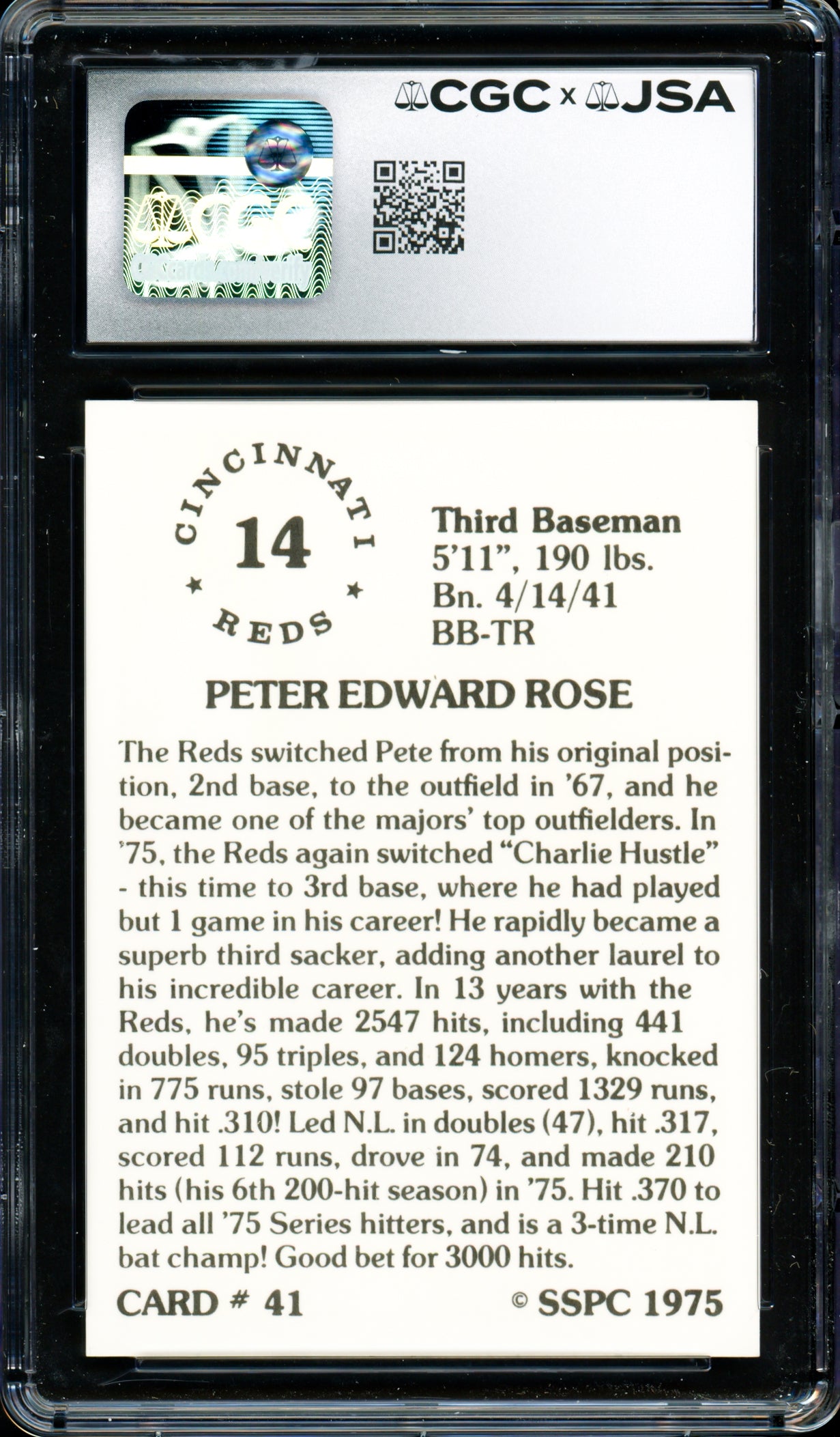 Pete Rose Autographed 1976 SSPC Card #41 Cincinnati Reds Card Grade 9.5 Auto Grade Gem Mint 10 CGC x JSA #6078174028