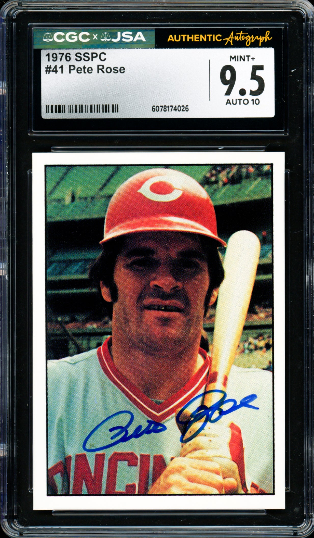 Pete Rose Autographed 1976 SSPC Card #41 Cincinnati Reds Card Grade 9.5 Auto Grade Gem Mint 10 CGC x JSA #6078174026