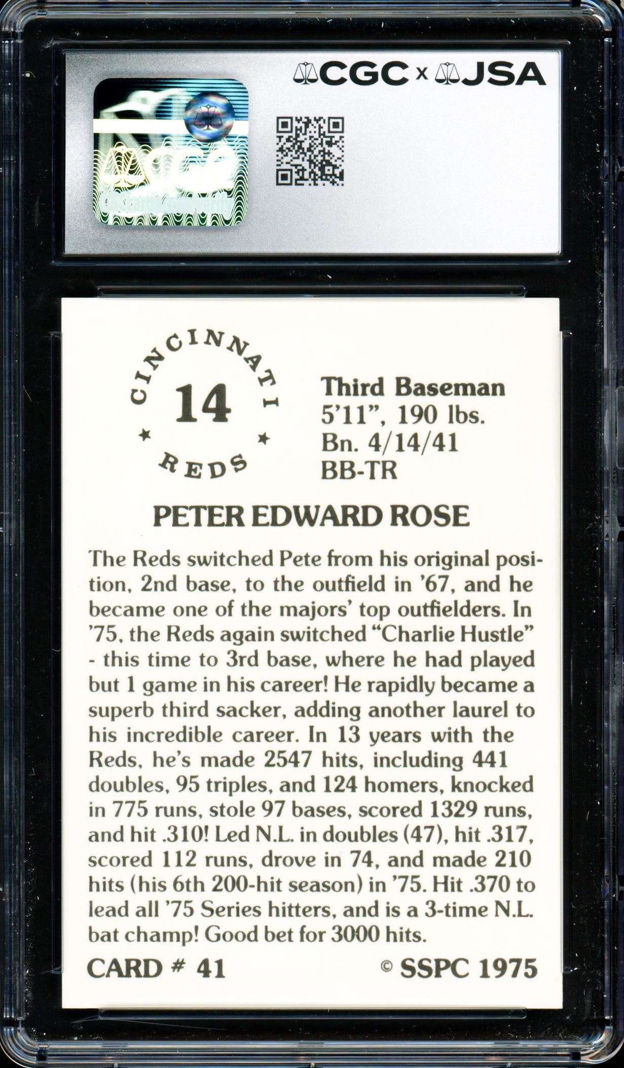 Pete Rose Autographed 1976 SSPC Card #41 Cincinnati Reds Card Grade 9 Auto Grade Gem Mint 10 CGC x JSA #6078174029