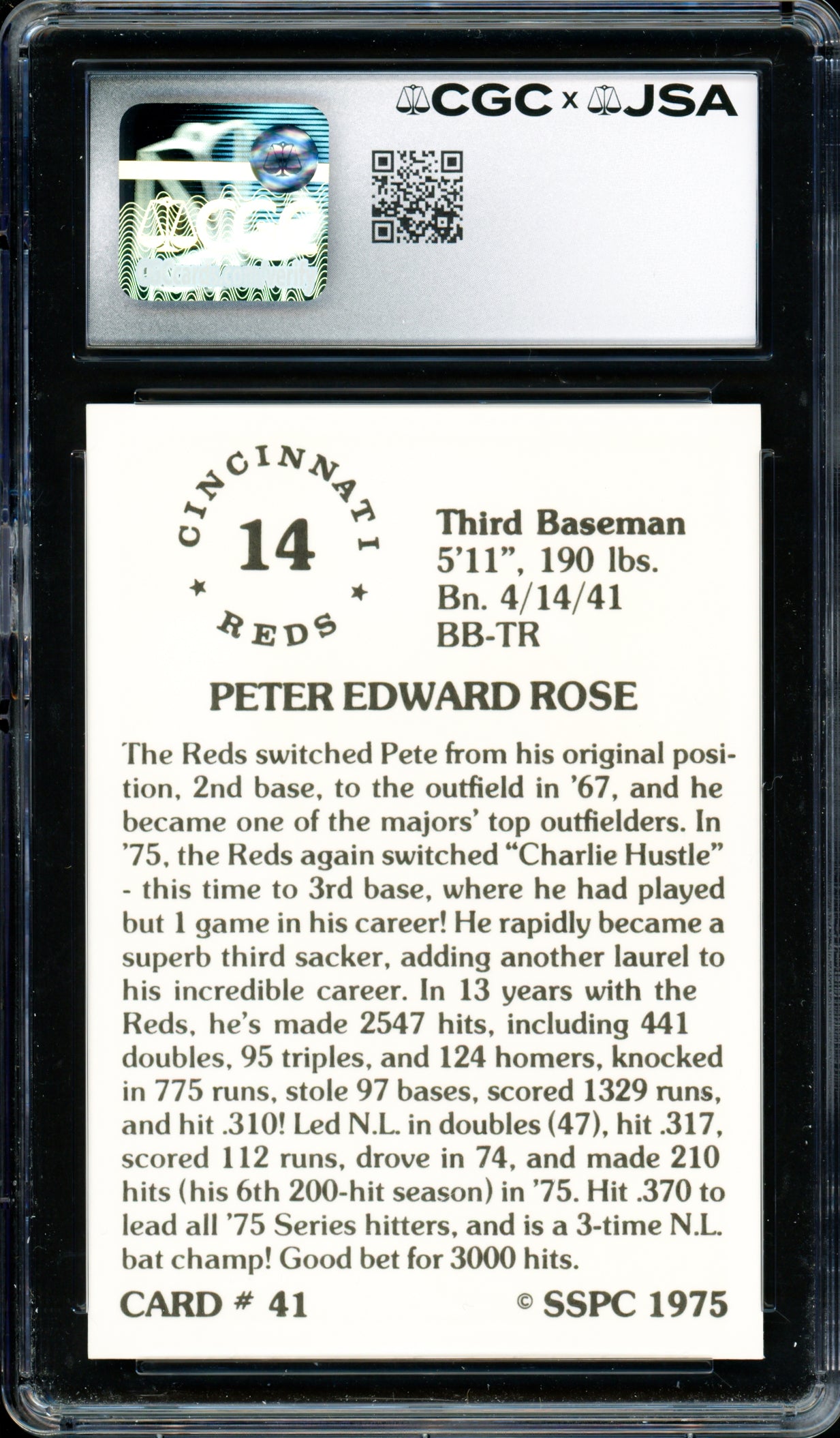 Pete Rose Autographed 1976 SSPC Card #41 Cincinnati Reds Card Grade 9 Auto Grade Gem Mint 10 CGC x JSA #6078174012