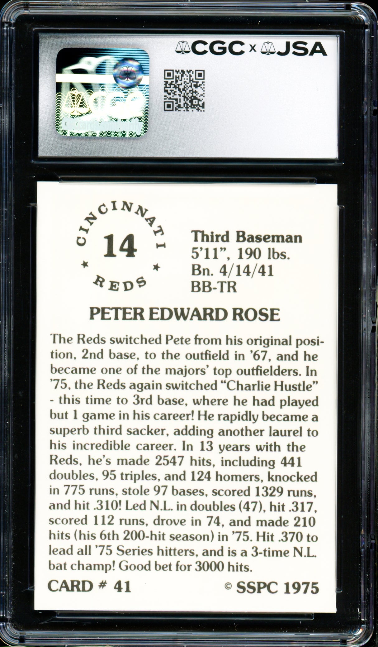 Pete Rose Autographed 1976 SSPC Card #41 Cincinnati Reds Card Grade 8.5 Auto Grade Gem Mint 10 CGC x JSA #6078174011