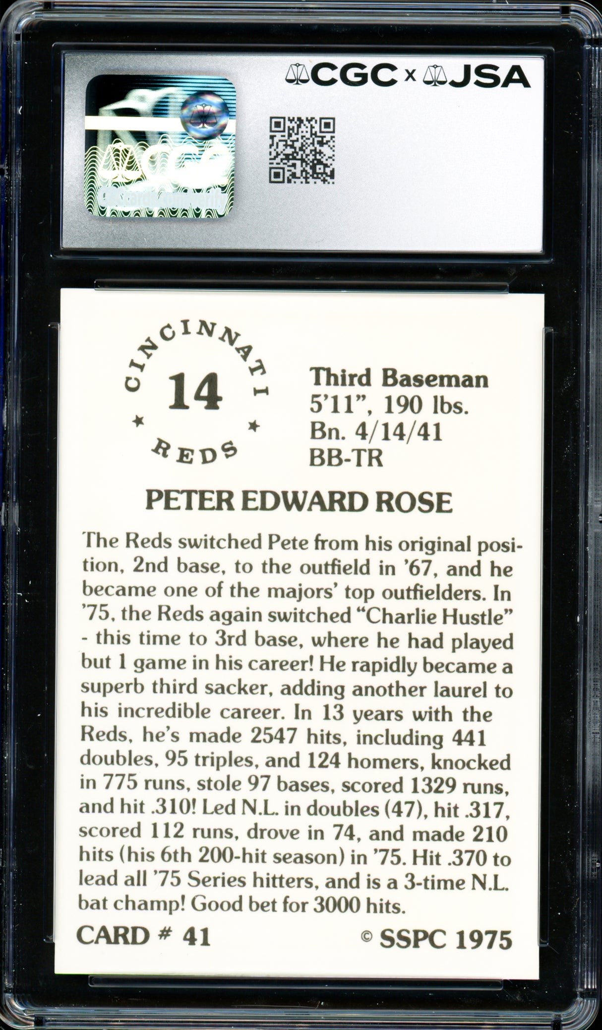 Pete Rose Autographed 1976 SSPC Card #41 Cincinnati Reds Card Grade 8.5 Auto Grade Gem Mint 10 CGC x JSA #6078174010