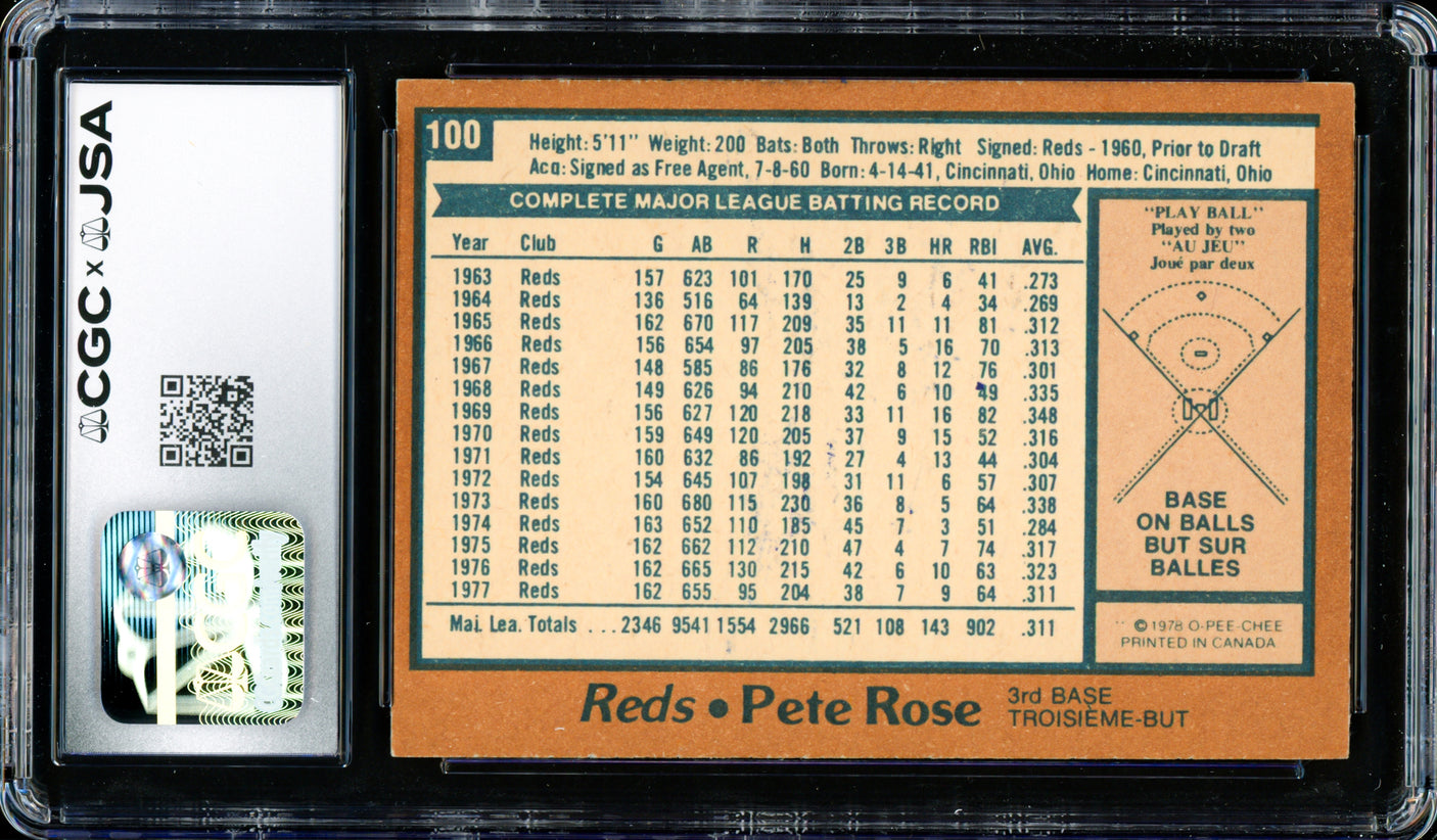 Pete Rose Autographed 1978 O-Pee-Chee Card #100 Cincinnati Reds Auto Grade Gem Mint 10 CGC x JSA #6078174116