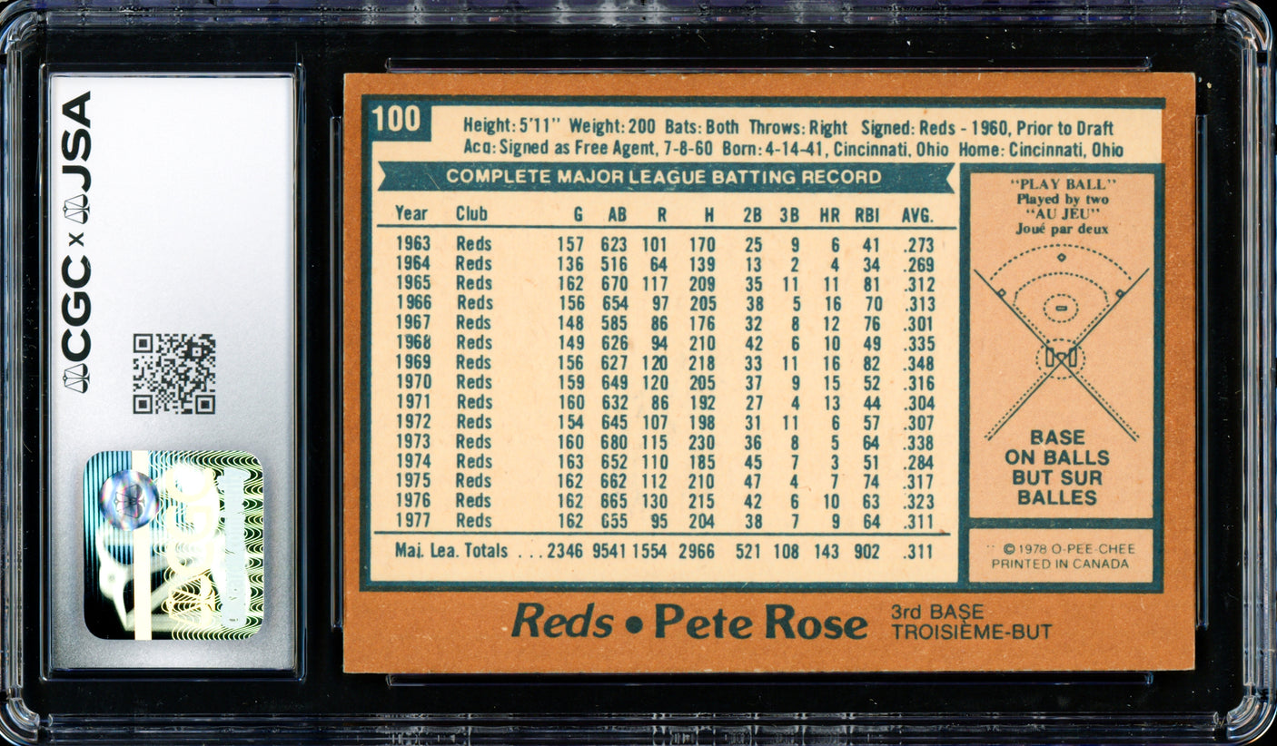 Pete Rose Autographed 1978 O-Pee-Chee Card #100 Cincinnati Reds Auto Grade Gem Mint 10 CGC x JSA #6078174118