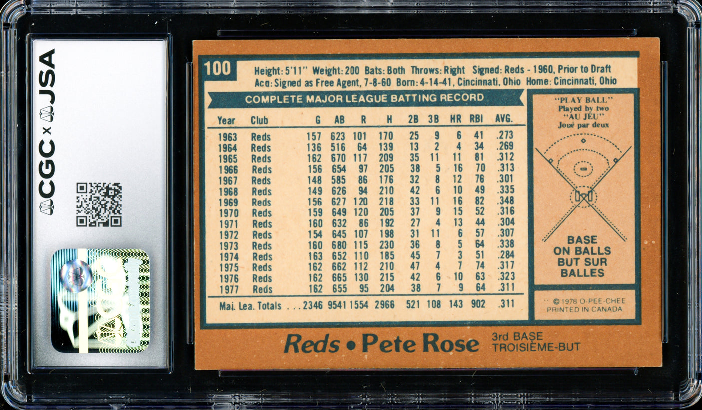 Pete Rose Autographed 1978 O-Pee-Chee Card #100 Cincinnati Reds CGC x JSA #6078174126