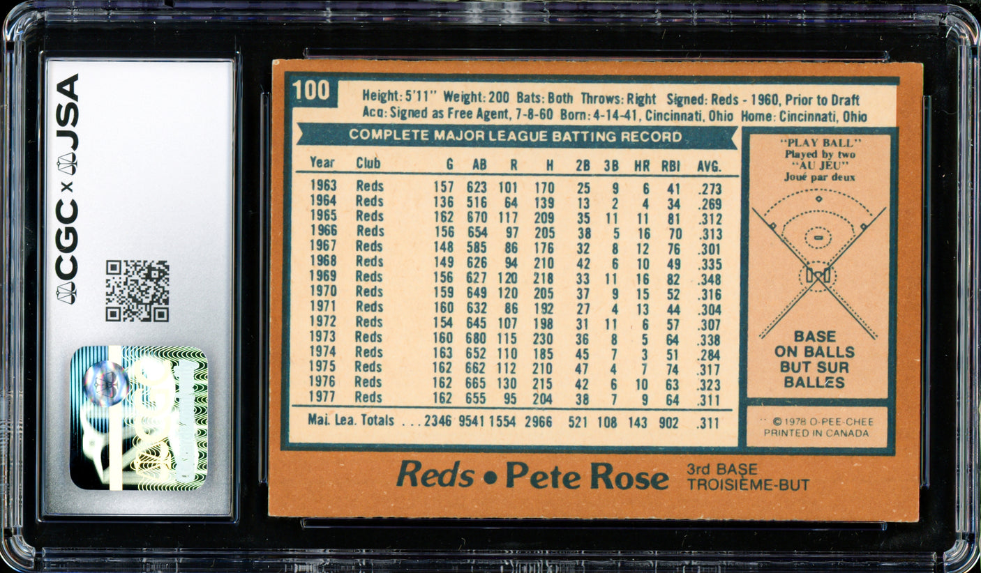 Pete Rose Autographed 1978 O-Pee-Chee Card #100 Cincinnati Reds CGC x JSA #6078174127