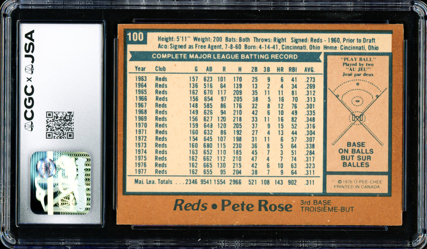 Pete Rose Autographed 1978 O-Pee-Chee Card #100 Cincinnati Reds CGC x JSA #6078174125